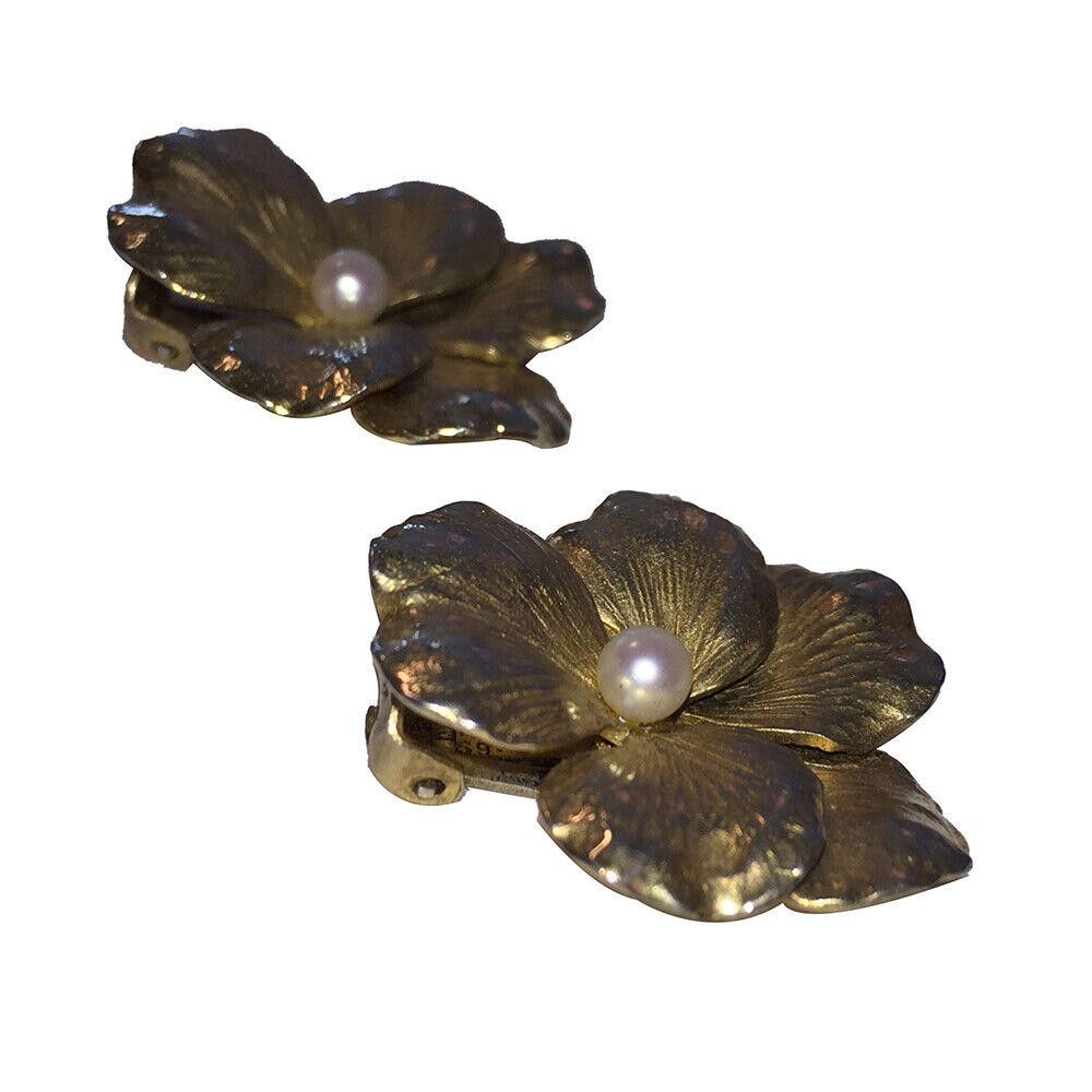 Designer 14 kt Gold Vermeil Sterling Flower Earrings Cultured Pearls Size ONE SIZE - 2 Thumbnail