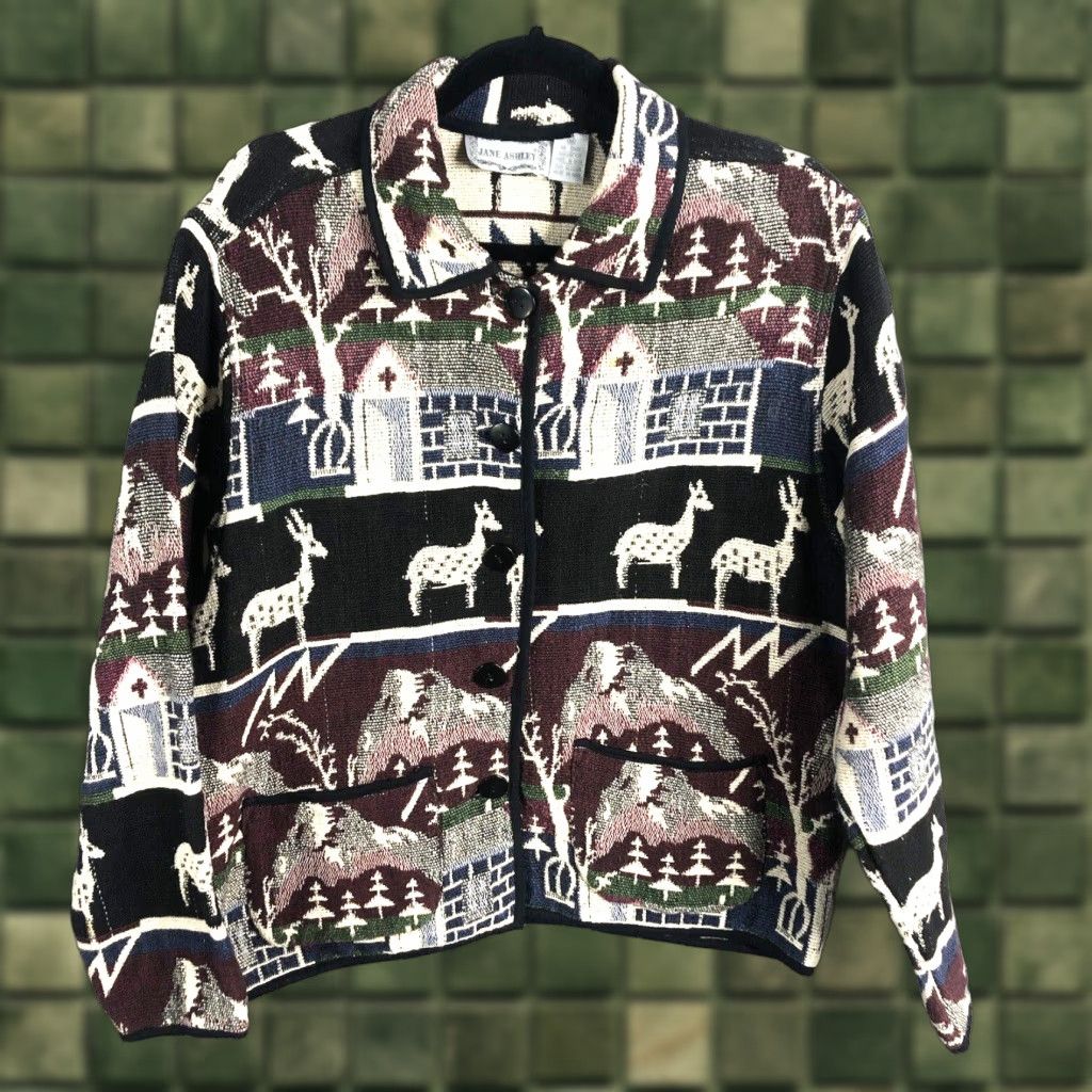 Vintage VINTAGE Jane Ashley Jacket Womens Medium Tapestry Mountain Scene Reindeer Pines Church Size M / US 6-8 / IT 42-44 - 1 Thumbnail