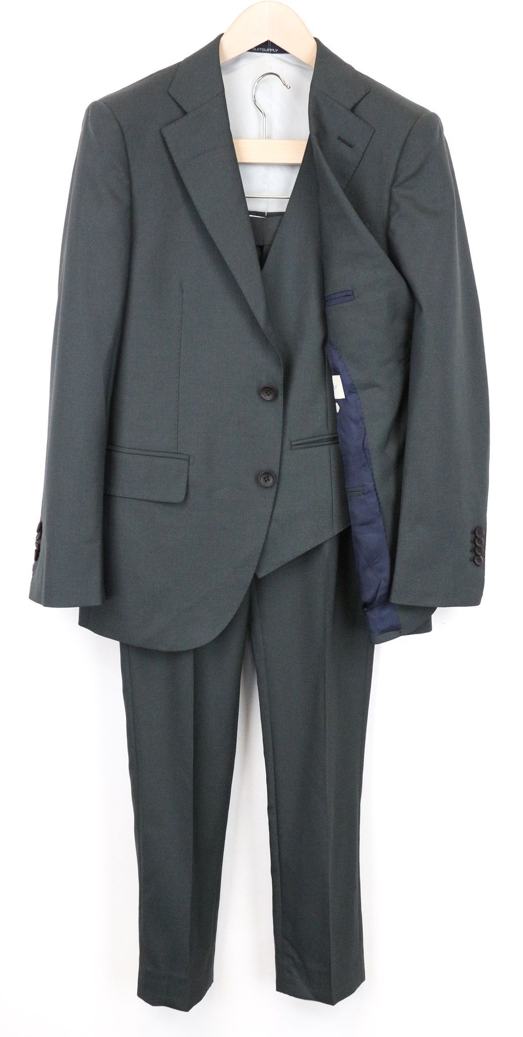 image of Suitsupply Lazio Uk38S Lined Green Slim Wool 3 Piece Suit 70890, Men's