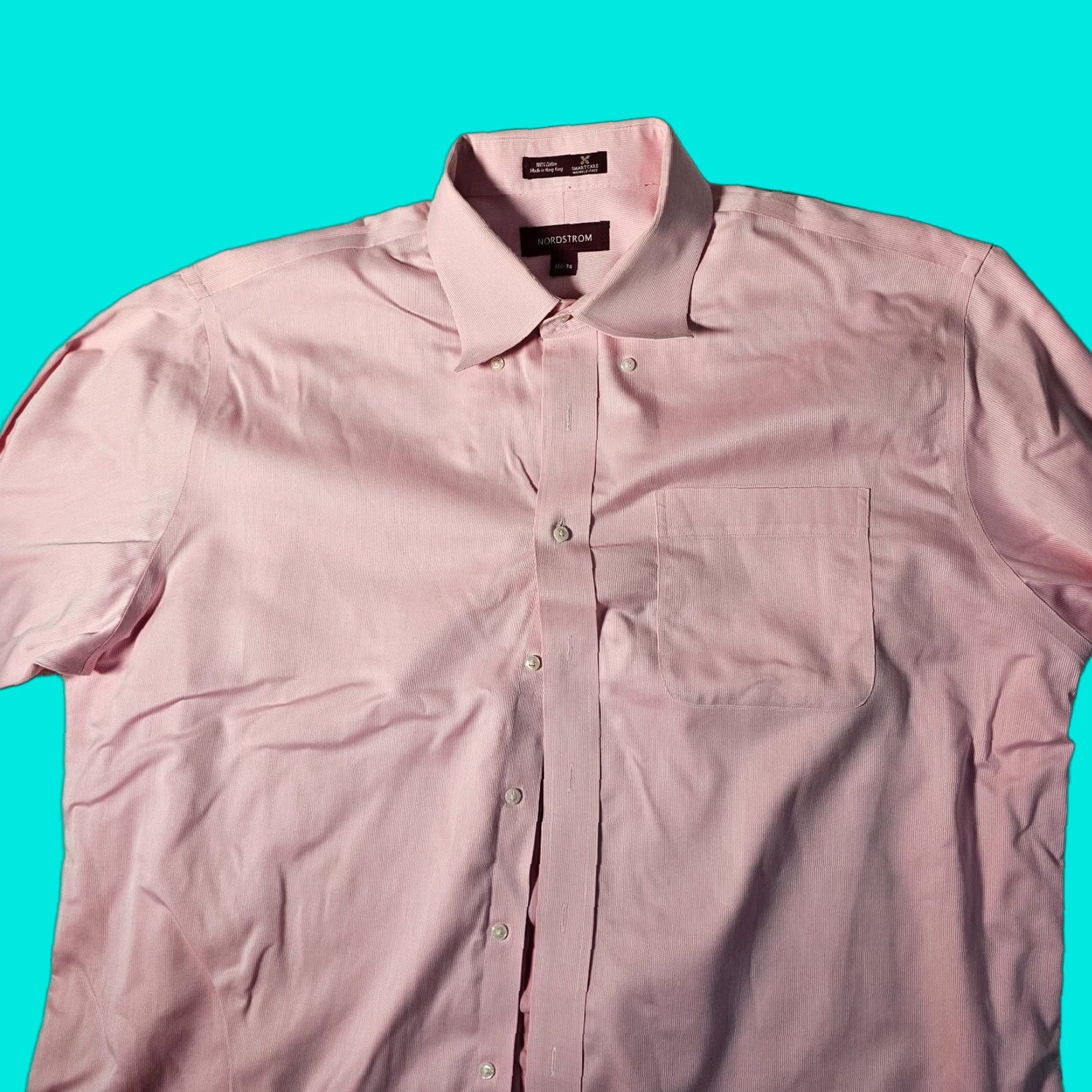 Nordstrom Dress Shirt Men 17.5 34 Button-Down SmartCare Wrinkle-Free Pink  Long Sleeve Adult 17.5