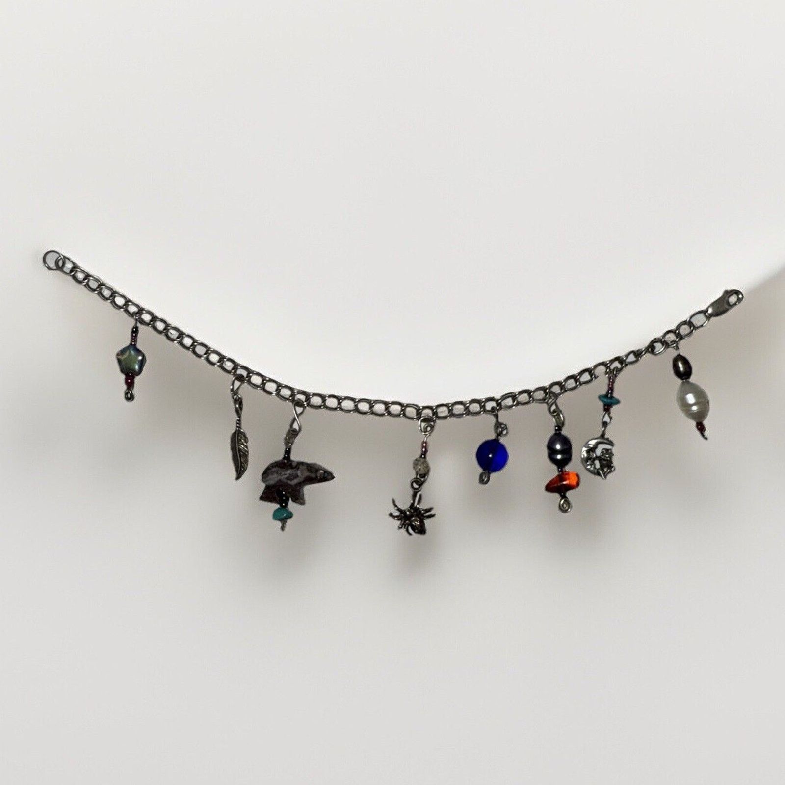 Sterling Silver Signed 925 Sterling Silver Charm & Beaded Bracelet 6.75” Size ONE SIZE - 1 Thumbnail