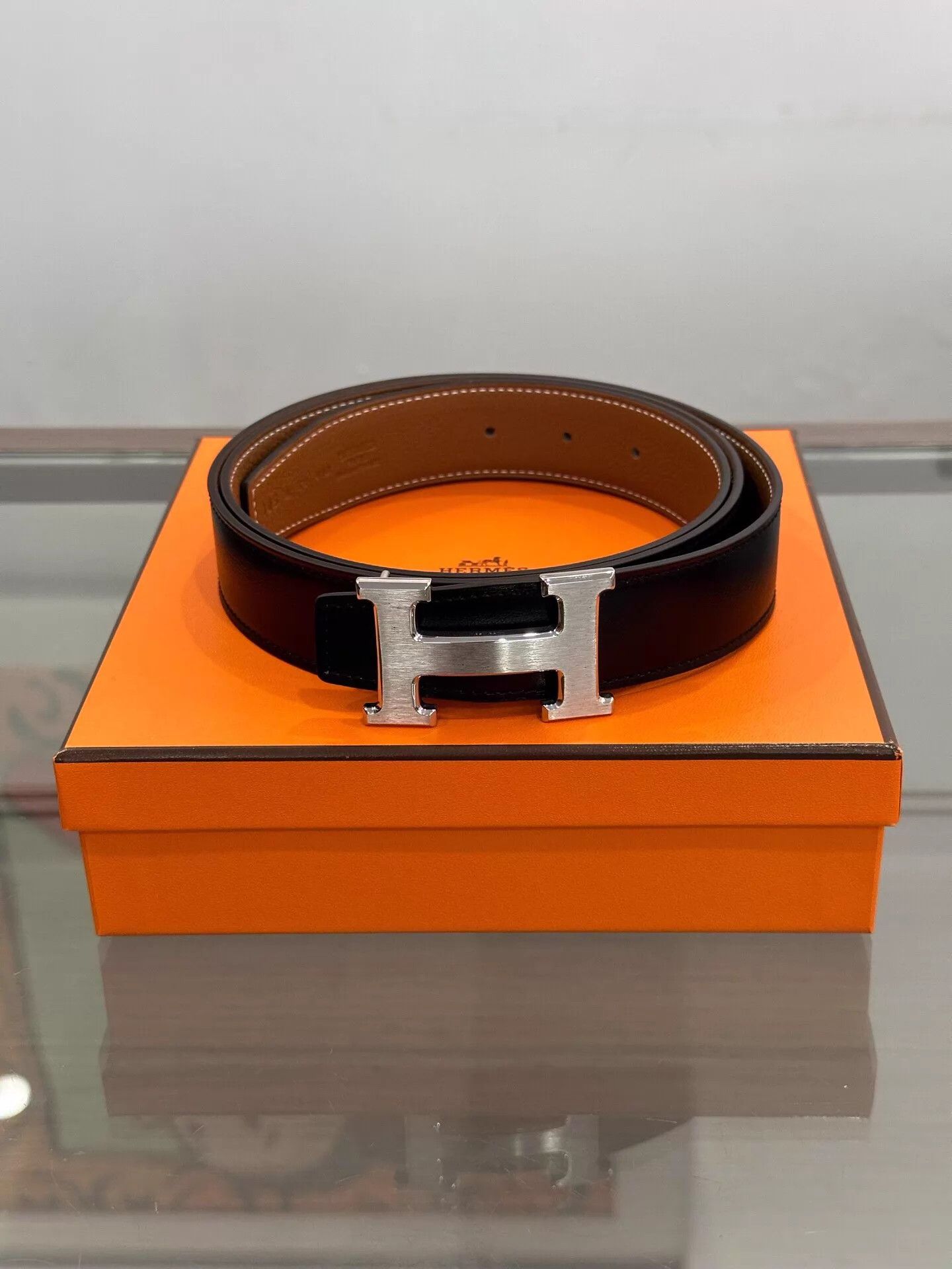 Hermes Hermès Black & Brown H Logo Belt 3.2cm 105 BSilver Size ONE SIZE - 1 Thumbnail