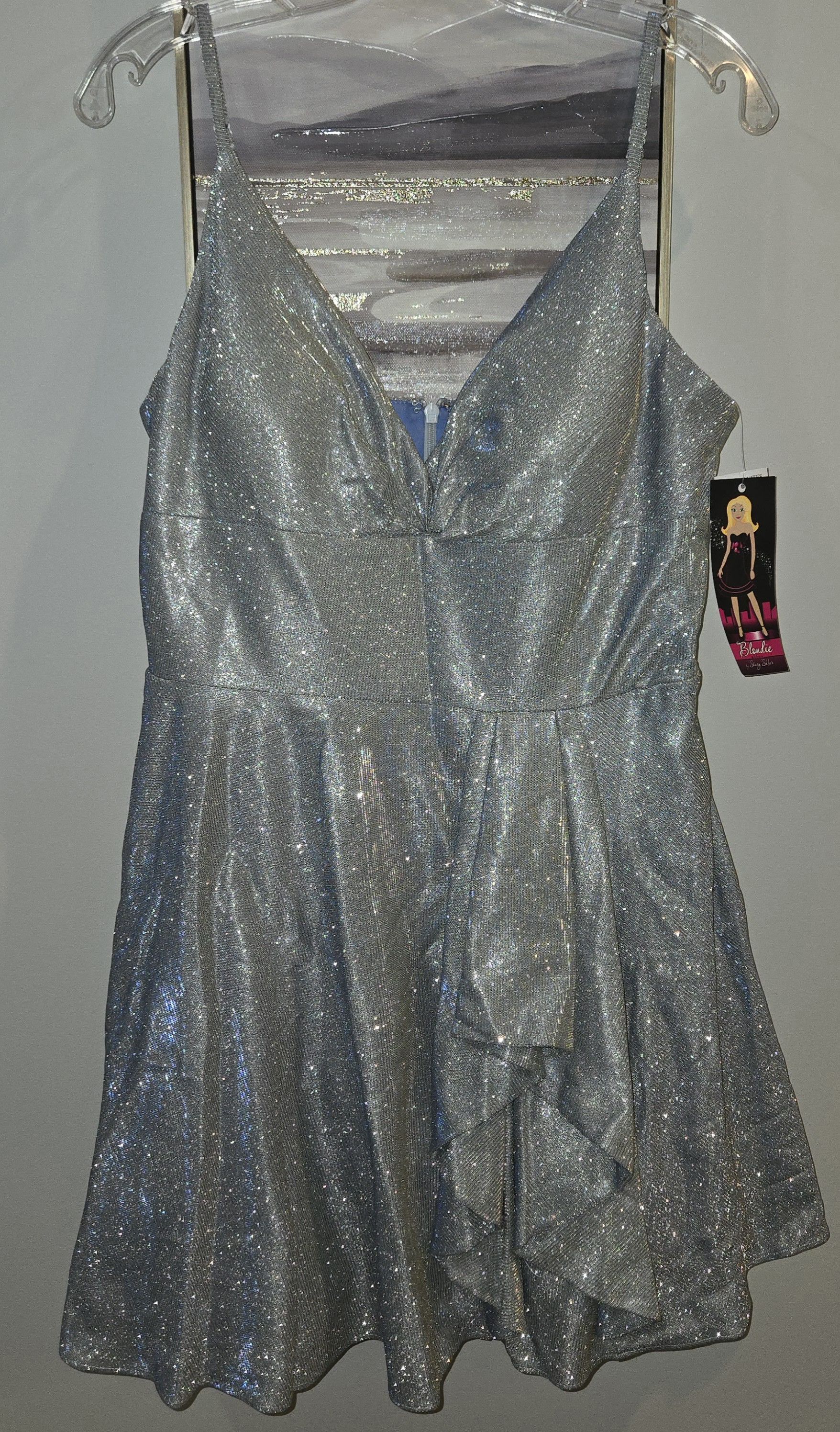 Other Blondie Nites Silver Metallic Ruffled Fit & Flare Dress Size L / US 10 / IT 46 - 3 Thumbnail