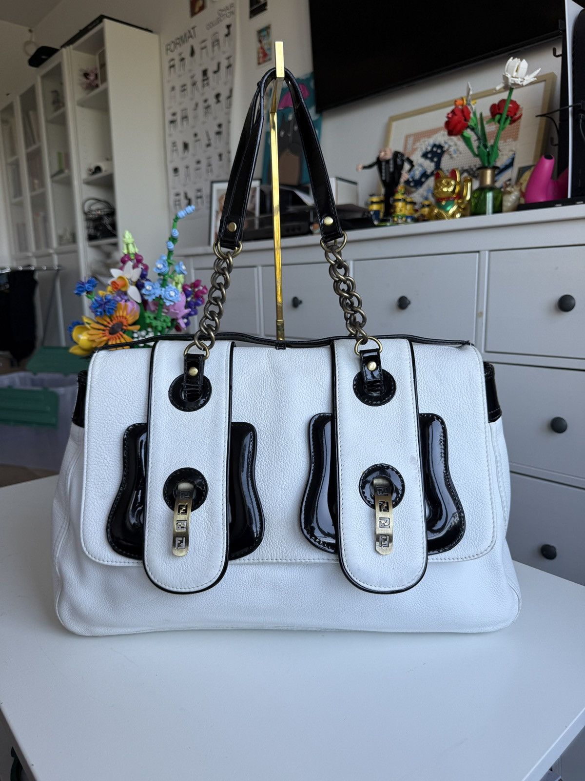 Archival Clothing Vintage Fendi Bb Leather Shoulder Keepall Bag Designer Luxury in White, Women's