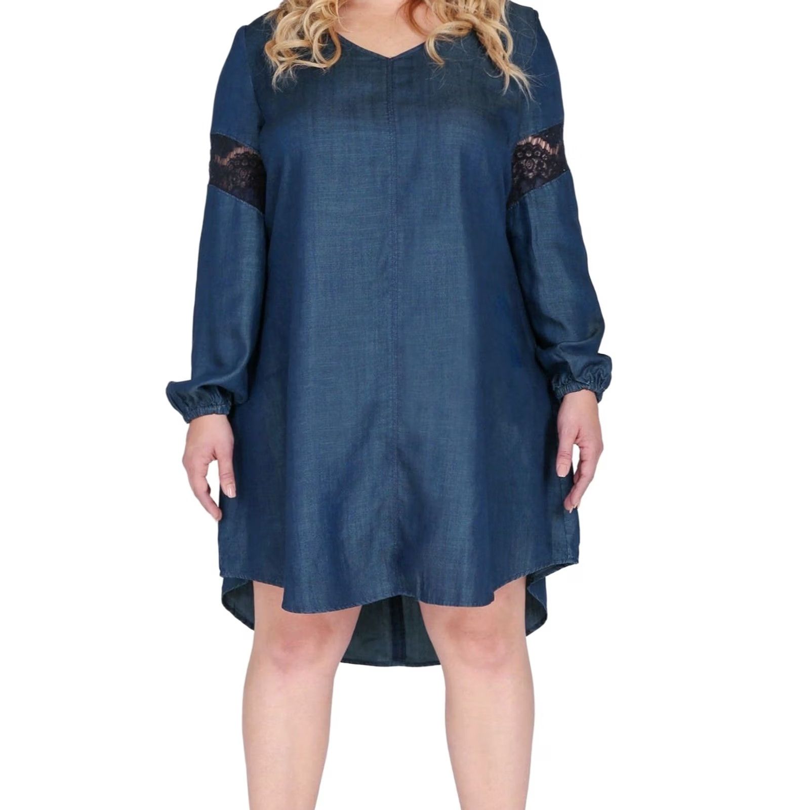 Denime Standards & Practices Shelby Shift Dress Chambray Denim XL Blue Lace Shirt Dress Boho Women A-Line Mini Short Vintage No Size XL / US 12-14 / IT 48-50 - 2 Thumbnail