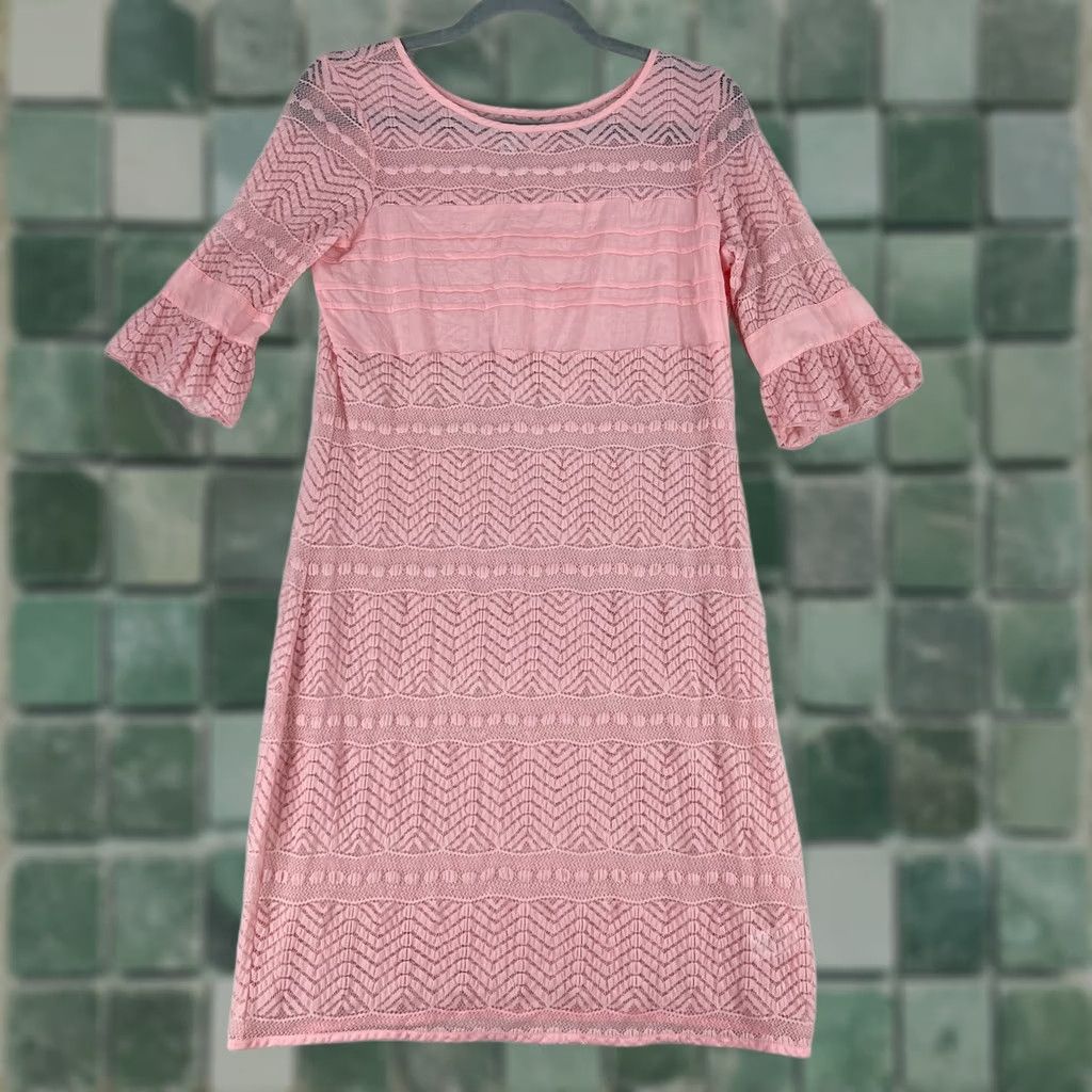 Vintage Kimchi Blue Pink Lace A-Line Dress Womens Medium Bell Sleeve Ruffle Floral Casual Bohemian Short Dress Size M / US 6-8 / IT 42-44 - 1 Thumbnail