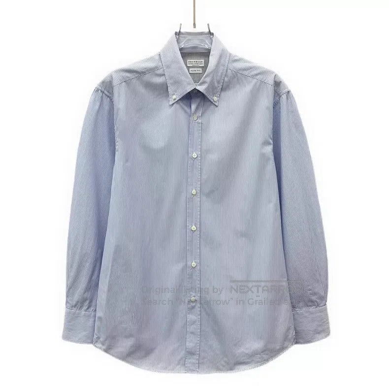 Brunello Cucinelli Brunello Cucinelli Light Blue Vertical Striped Cotton Coll Size S / US 4 / IT 40 - 1 Thumbnail