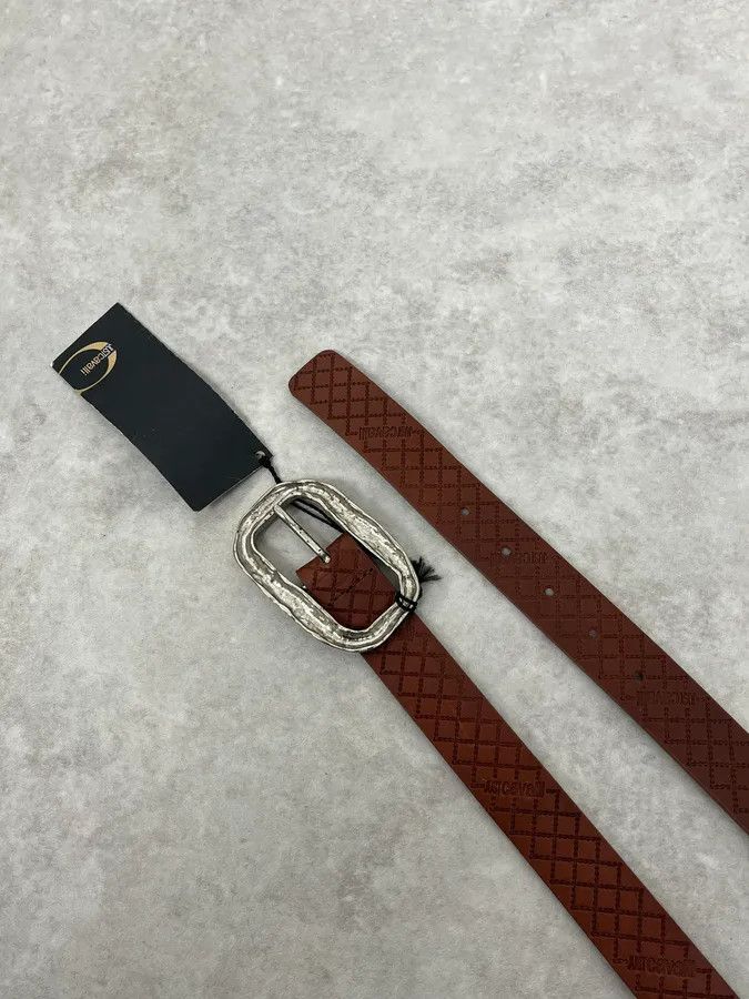 Just Cavalli 2000s Cavalli Artisanal Metal Buckle Brown Leather Belt Size ONE SIZE - 3 Thumbnail