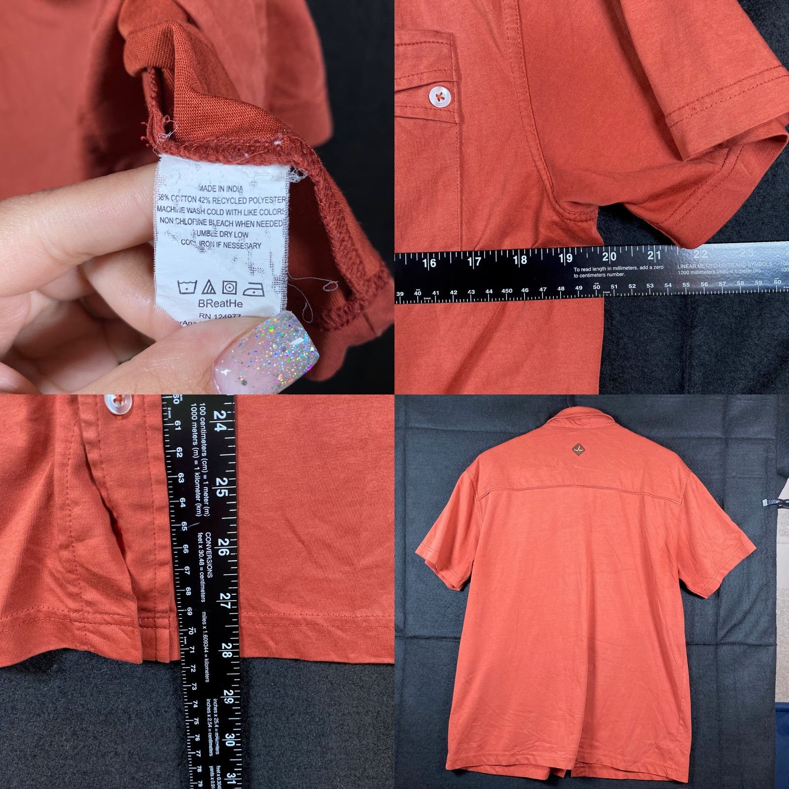 Prana prAna Mens Shirt Deep Rust Button Down Short Sleeve Collared Cotton Polyester L Size US L / EU 52-54 / 3 - 8 Thumbnail