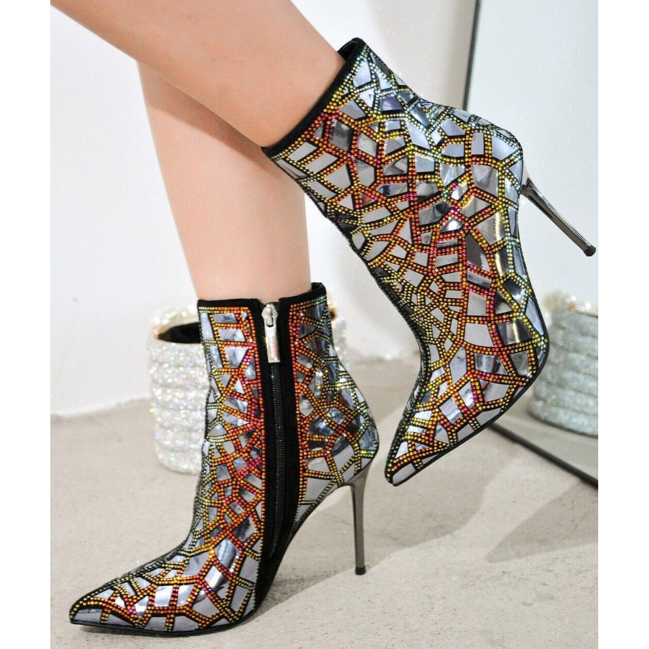 Other Kracked Shiny Silver Gold Iridescent Rhinestone High Heel An Size US 9 / IT 39 - 9 Thumbnail