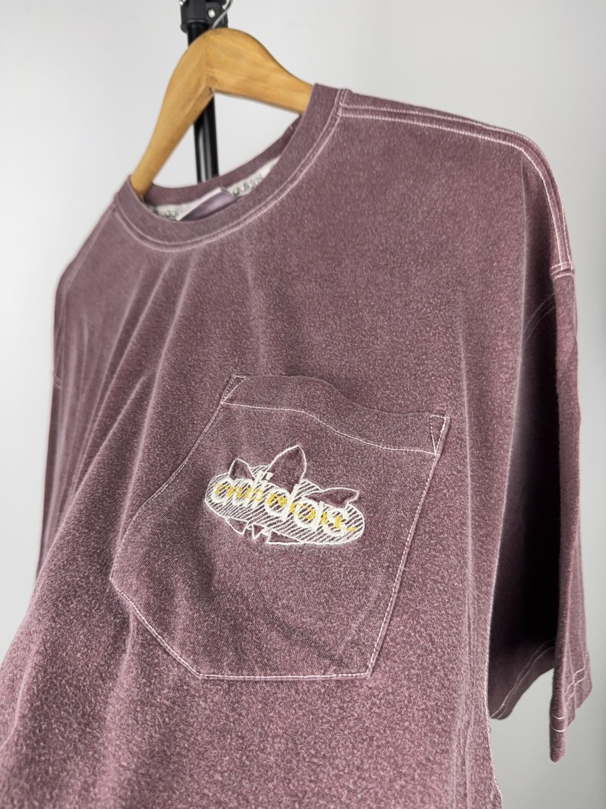 Adidas 90s Vintage Adidas Trefoil Pocket T Shirt Burgundy Washed L Size US L / EU 52-54 / 3 - 6 Thumbnail