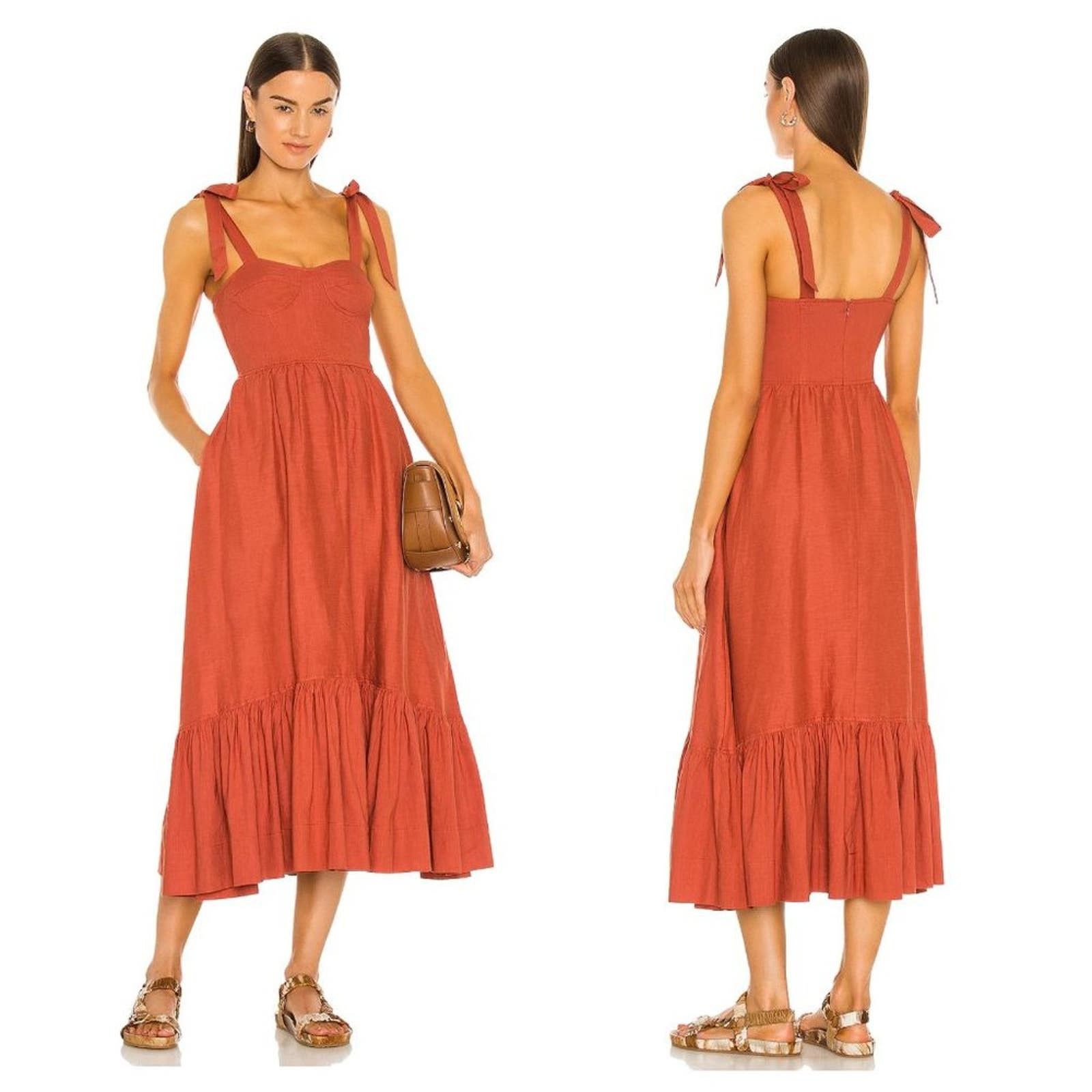 image of New Jonathan Simkhai Georgia Linen Bustier Dress Cayenne in Orange, Women's (Size Medium)