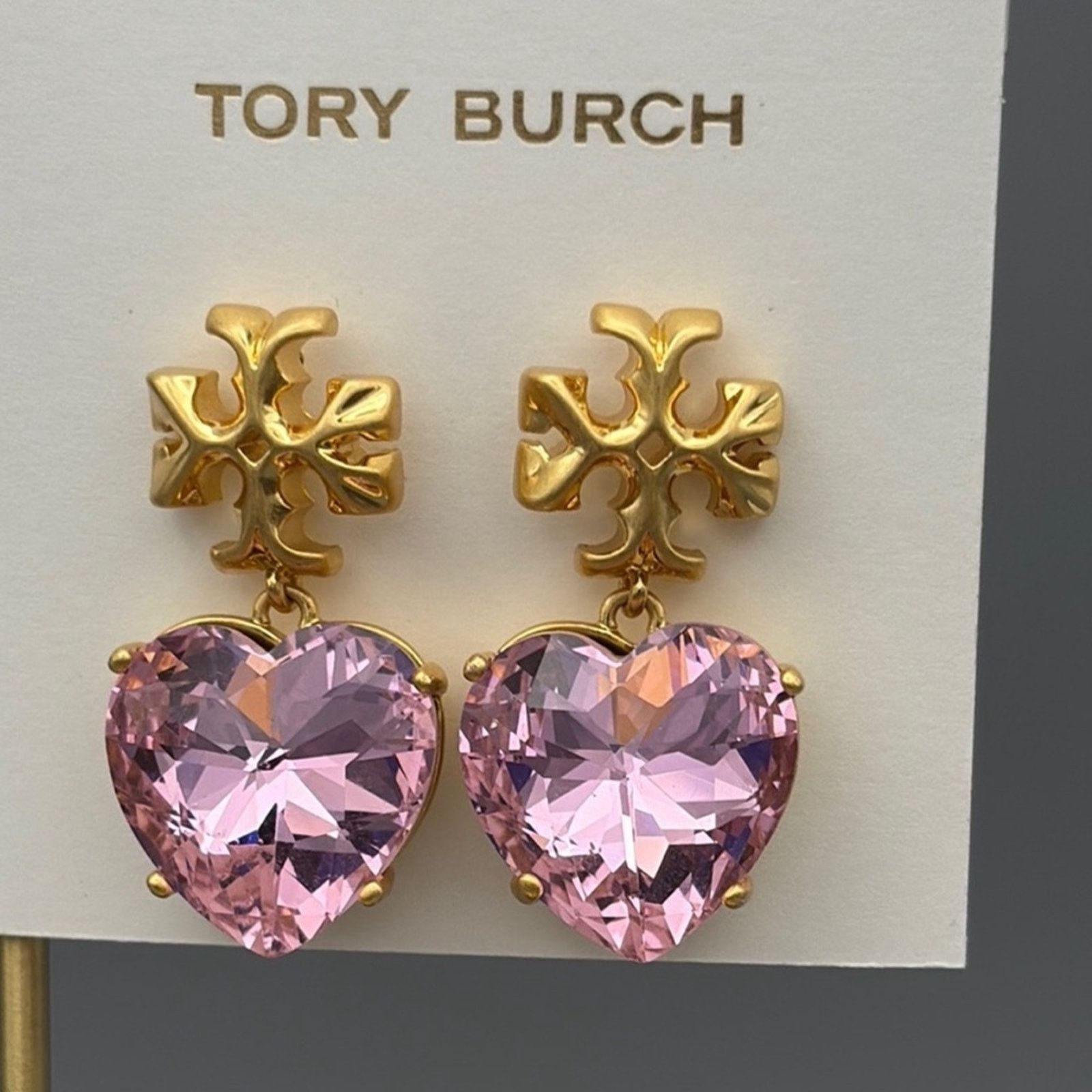 Tory Burch NEW Tory Burch $148 Gold and Pink Crystal Heart Earrings Size ONE SIZE - 1 Thumbnail