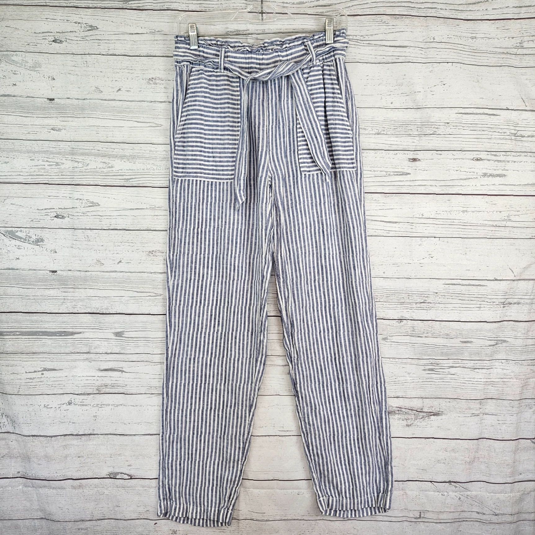 Vintage Sigrid Olsen Womens Linen Pants Pull On Striped Blue White Sz Small Casual Travel Size 28" / US 6 / IT 42 - 2 Thumbnail