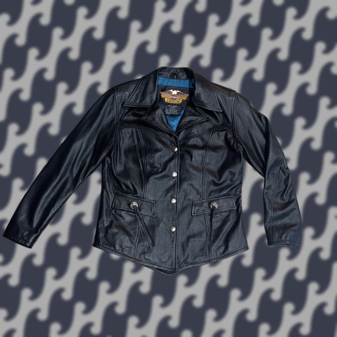 Harley Davidson Harley-Davidson Women Jacket Motorcycle Leather Black M Teal Lining Fringe Snaps Logo Duck Tail Hem Casual Travel Size M / US 6-8 / IT 42-44 - 1 Thumbnail