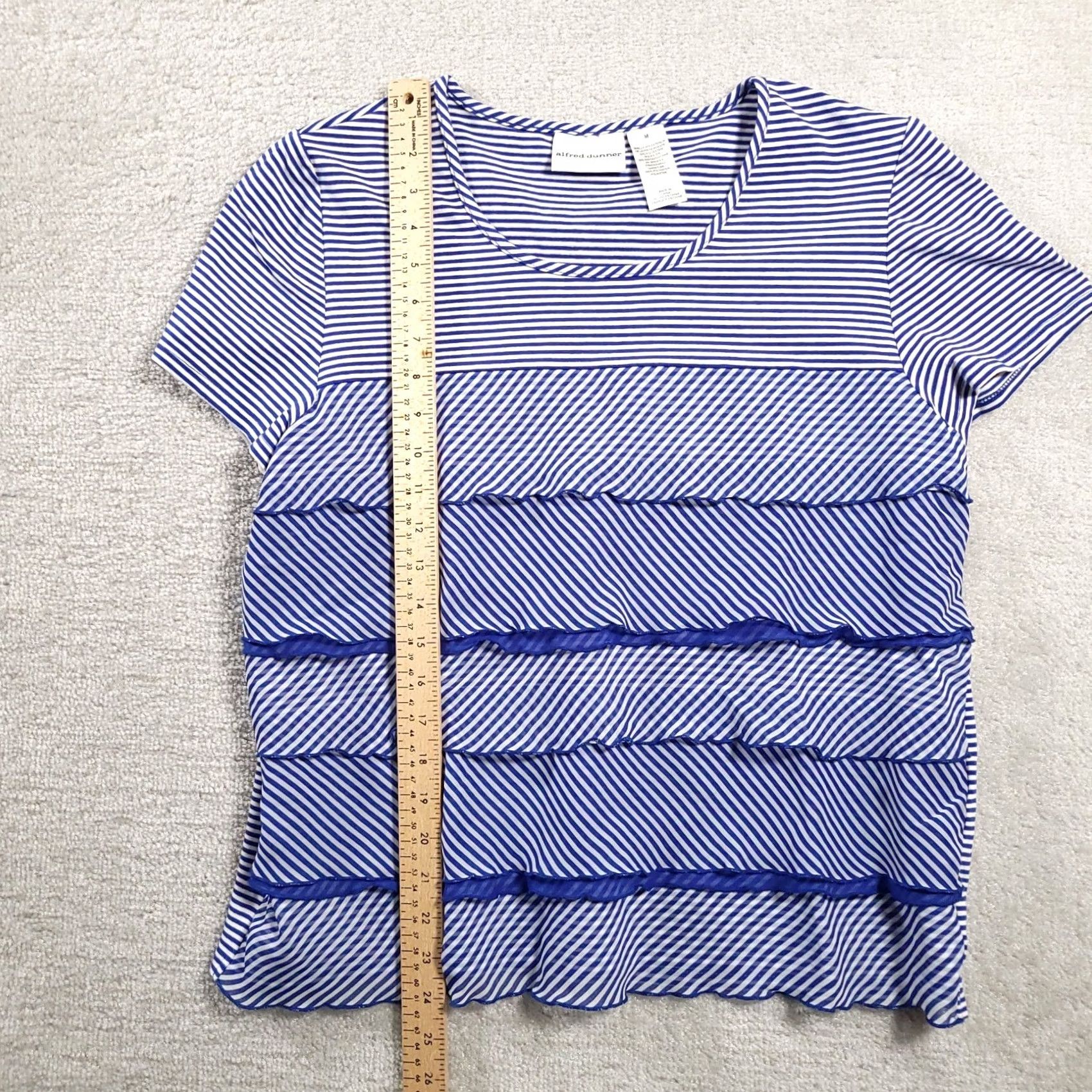 Vintage VINTAGE Alfred Dunner Womens Blue Shirt Striped Short Sleeve Stretch Scoop Neck Ruffled Size M / US 6-8 / IT 42-44 - 5 Thumbnail