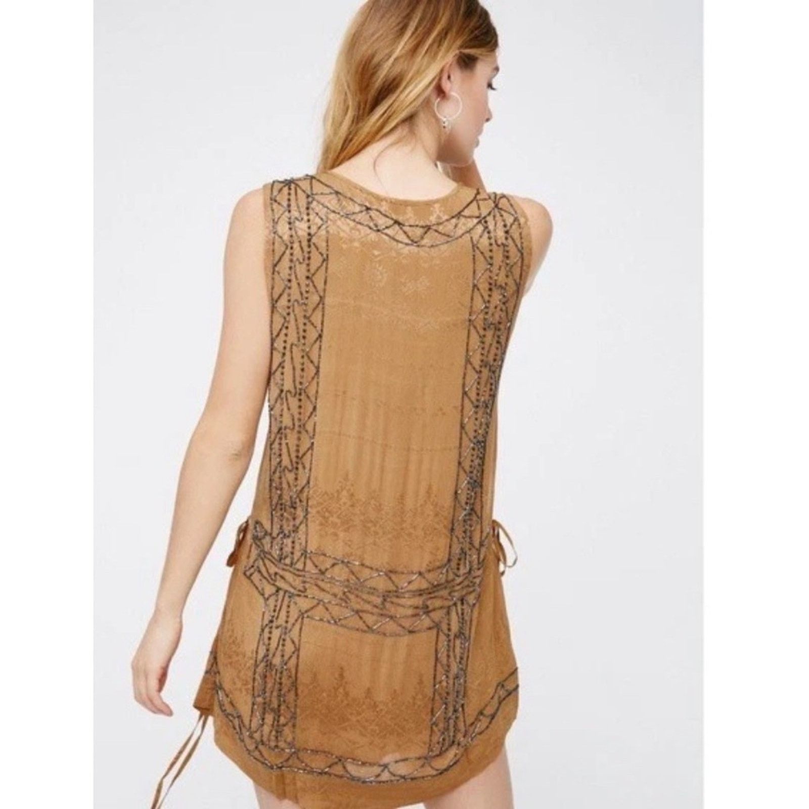 Free People Free People Dress TanBeaded Accents Boho Mini Dress Size S / US 4 / IT 40 - 2 Thumbnail