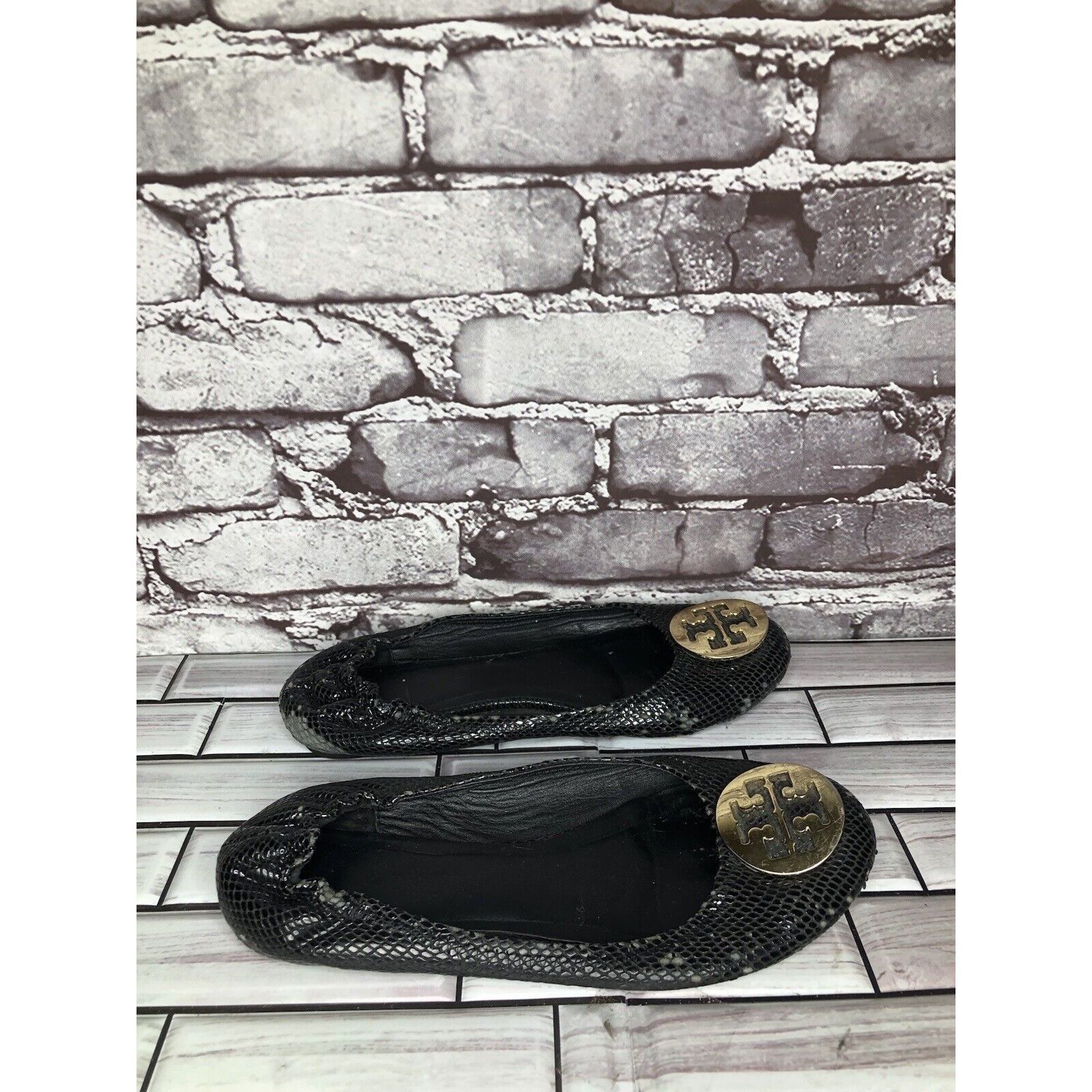 Tory Burch Tory Burch Reva Gold Logo Black Leather Snake Skin Ballet Fl Size US 7.5 / IT 37.5 - 16 Thumbnail