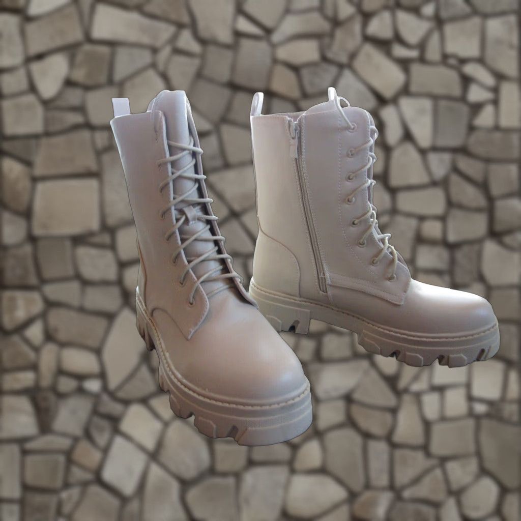 Vintage Nib Sheln Beige Faux Leather Chunky Block Heel Shoes Lace Up Boots Women's 10 M