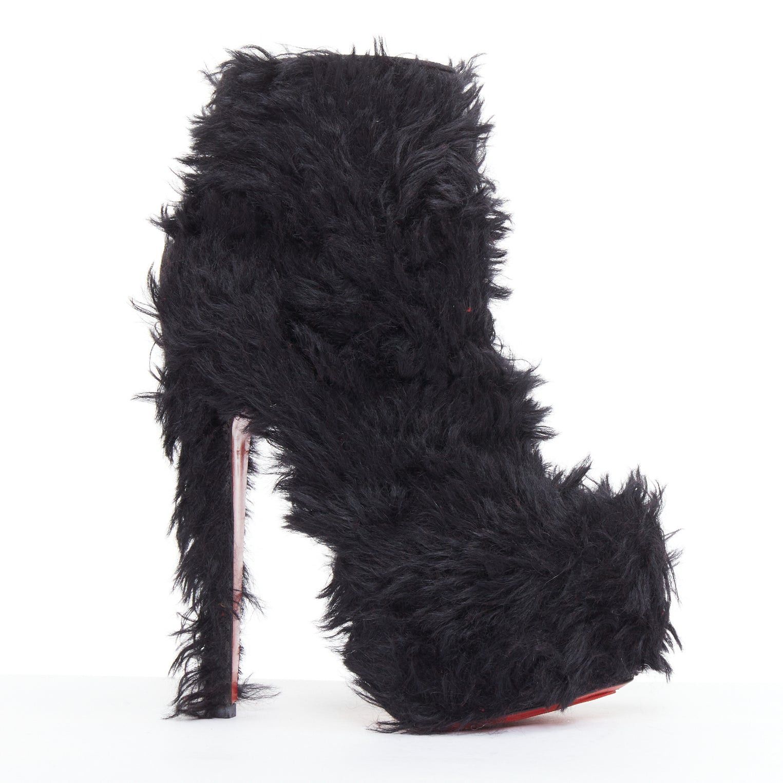 Christian Louboutin Black Faux Shaggy Fur High Heel Shoes Platform Boots Eu36.5, Women's