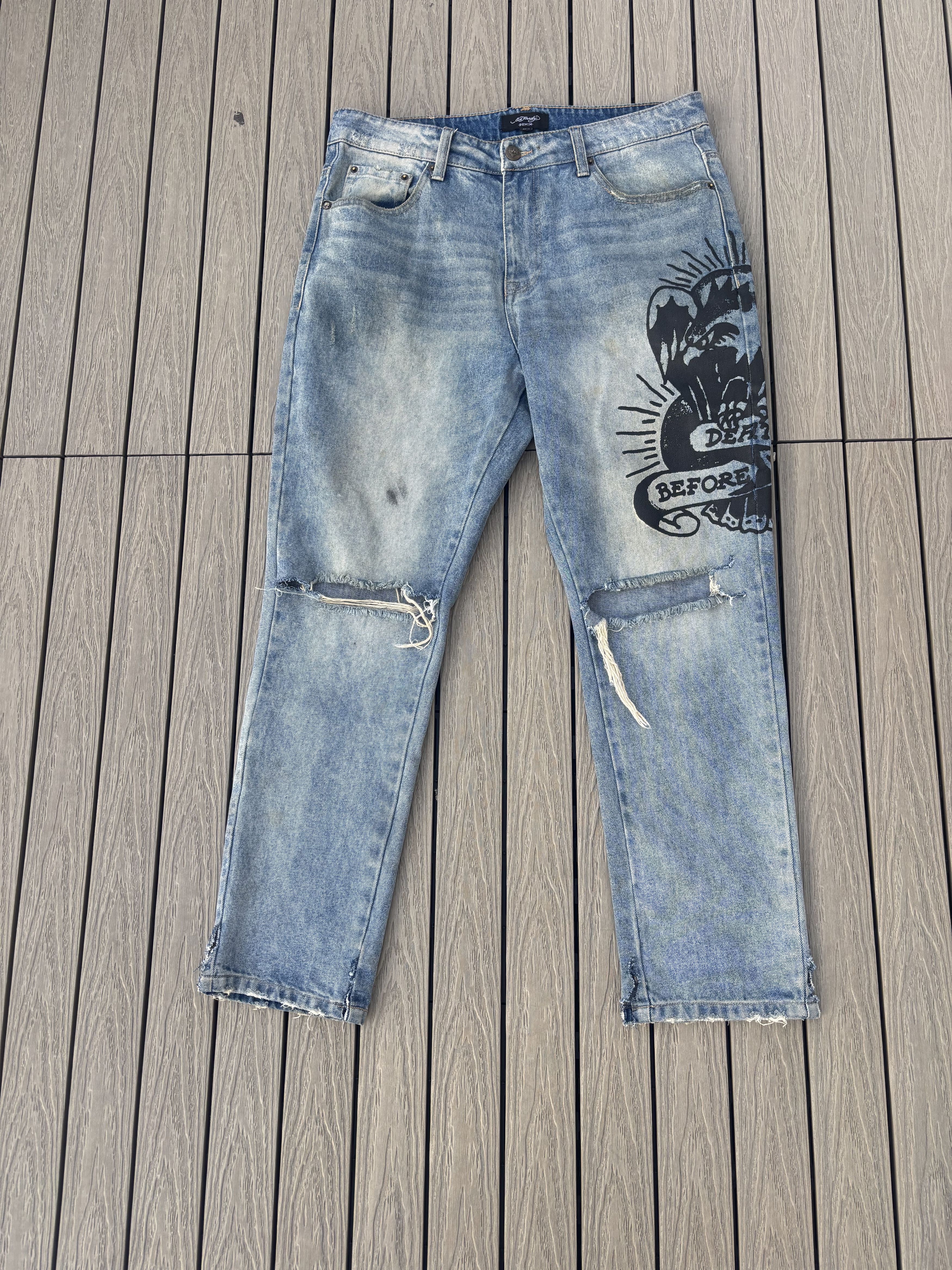 Ed Hardy Ed Hardy Printed Distressed Light Wash Logo Denim 34 Size US 34 / EU 50 - 2 Thumbnail
