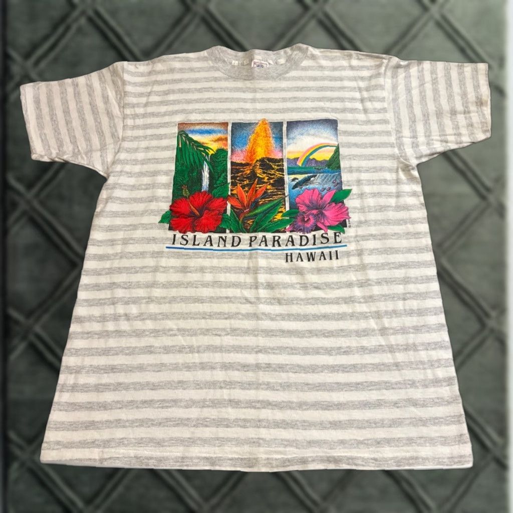 Delta VINTAGE 90s Island Paradise Hawaii Nature Volcano White Grey Stripe T-Shirt XL Mens Delta Size US XL / EU 56 / 4 - 1 Thumbnail