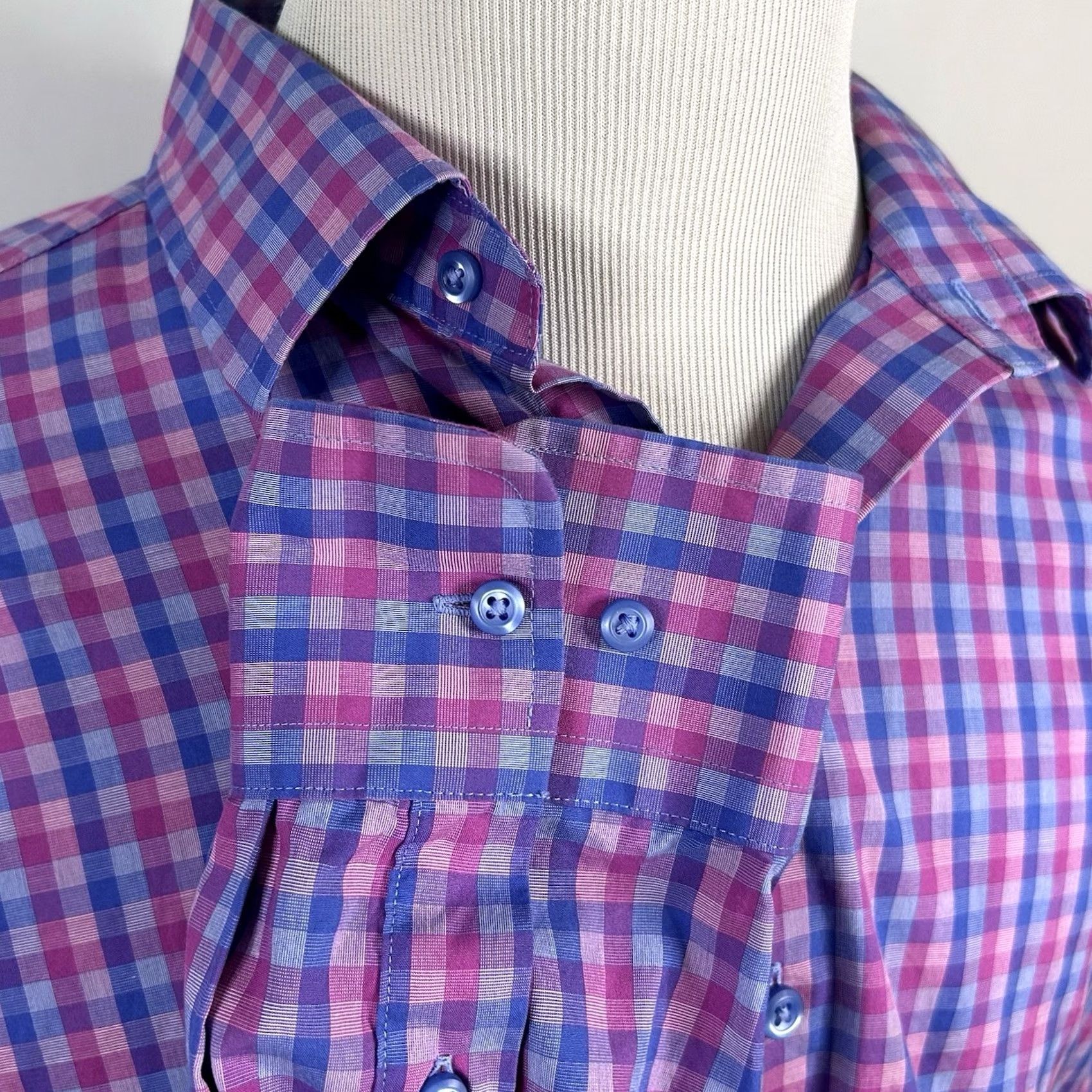 David Donahue David Donahue Dress Shirt Plaid 100% Cotton 17.5 35 Fusion Regular Fit Pink Blue Shirt Mens Size 48R - 4 Thumbnail