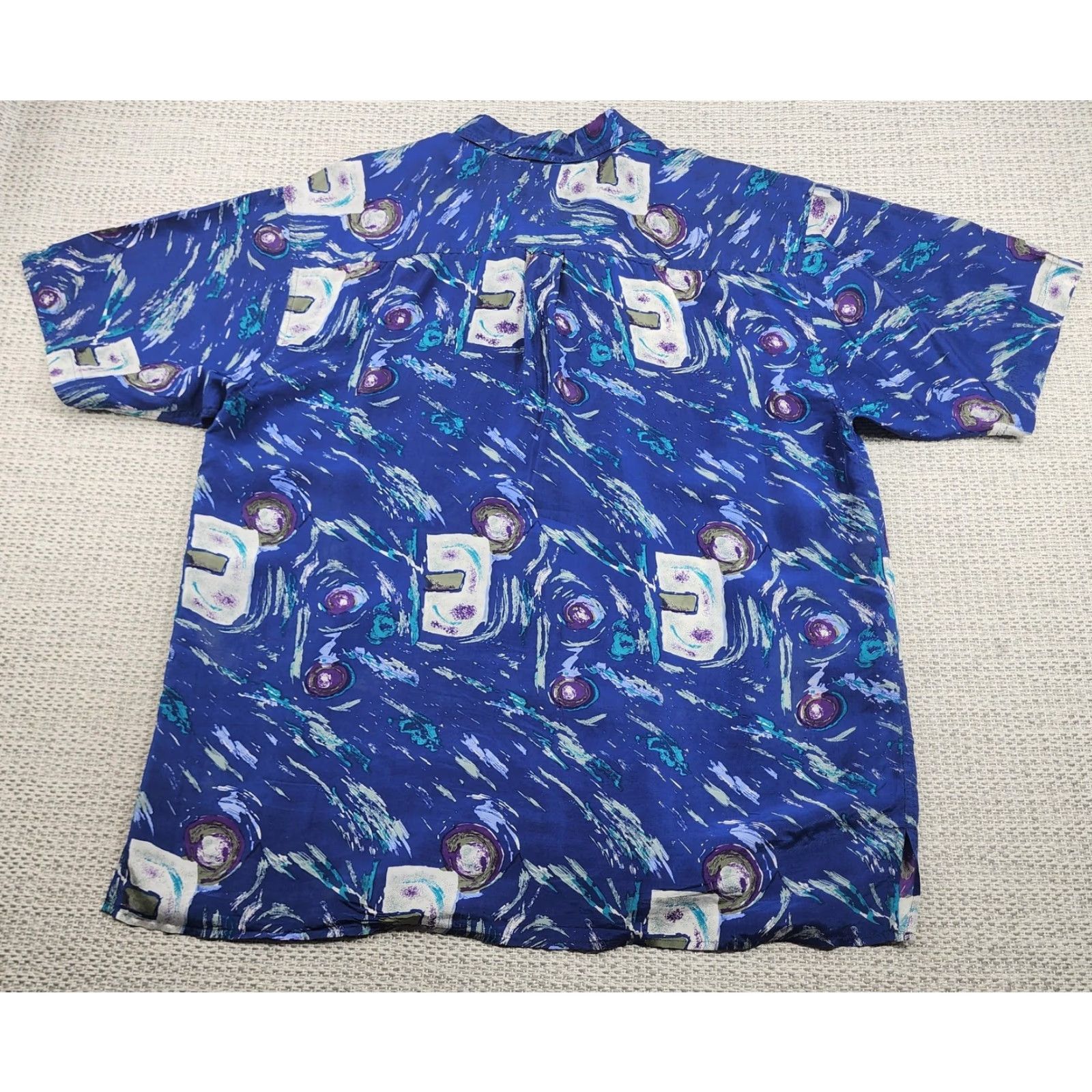 Merona VINTAGE Verona Original Shirt Mens XL Blue 100% Silk Short Sleeve Button Up Abstract Graphic Print 90s Beach California Hawaiian Size US XL / EU 56 / 4 - 6 Thumbnail