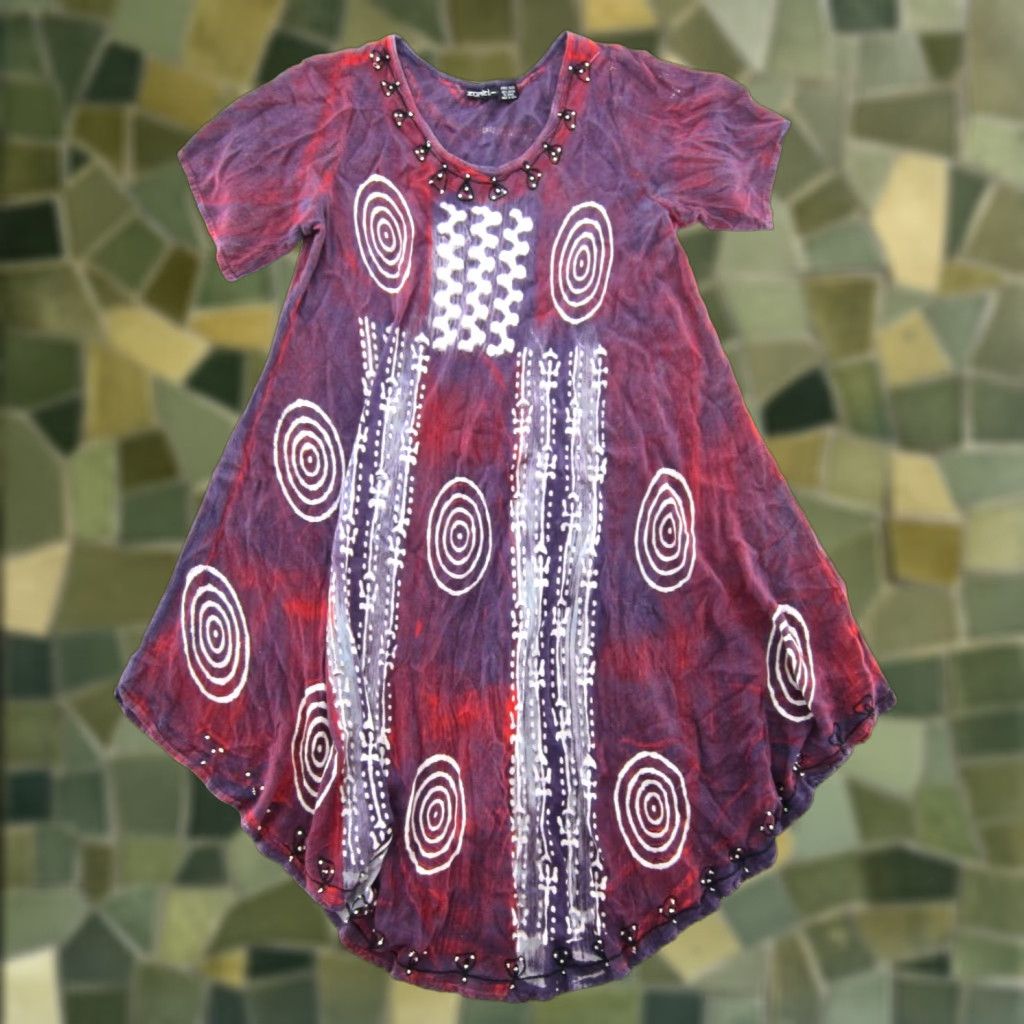 Vintage VINTAGE Zuriet By Hans Rayon Purple Red White Abstract Short Sleeve Midi Tunic Dress L Size 36" / US 14 / IT 50 - 1 Thumbnail