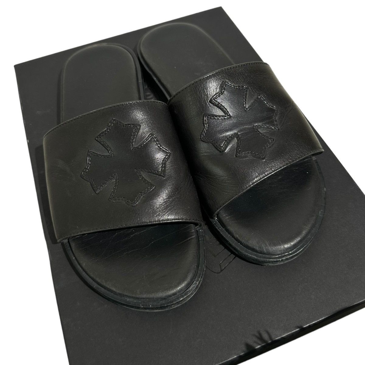 image of Chrome Hearts Leather Cross Plus Patch Logo Sandal in Black, Men's (Size 7)