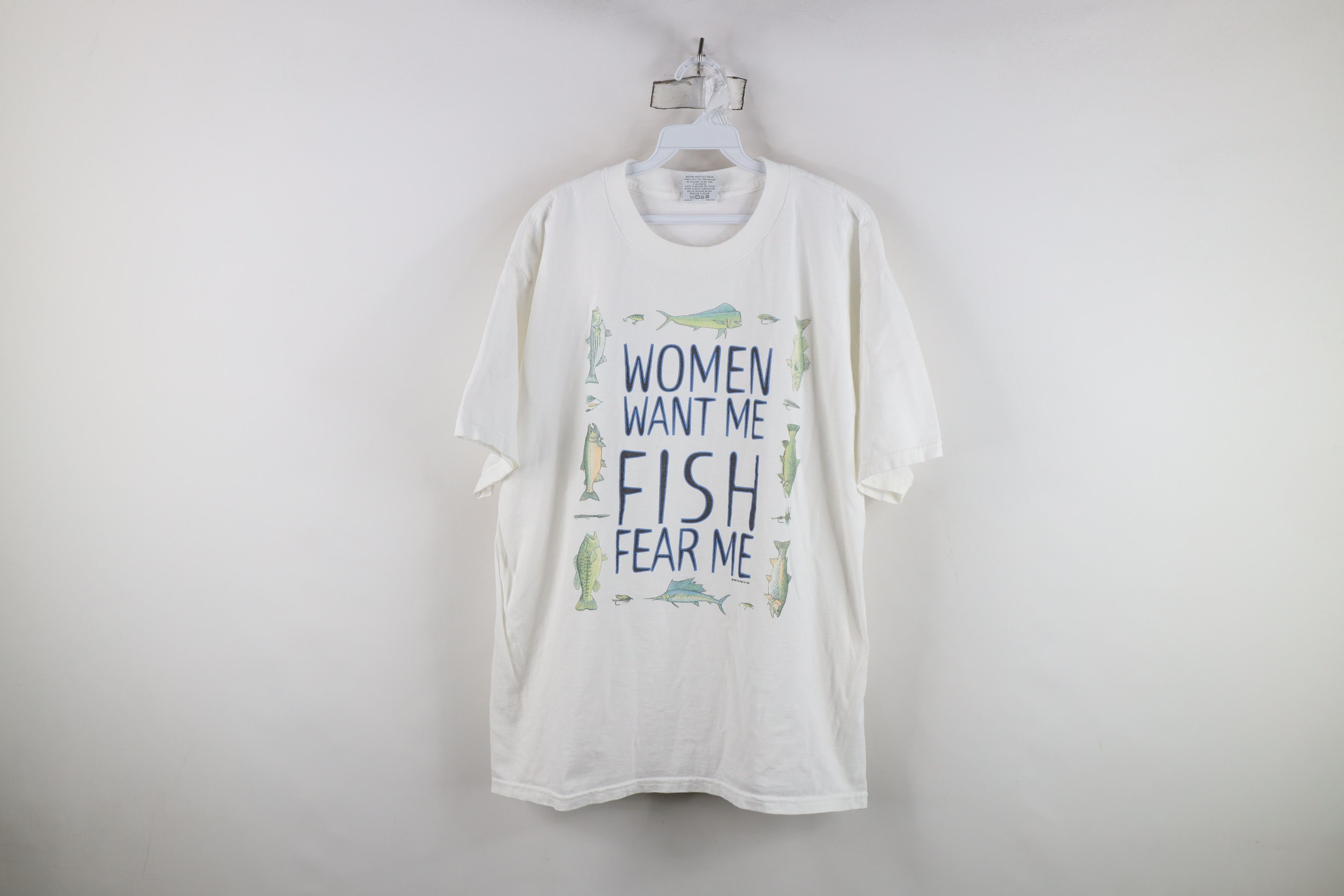 Vintage Vintage 90s Streetwear Women Want Me Fish Fear Me T-Shirt Size US XL / EU 56 / 4 - 1 Thumbnail