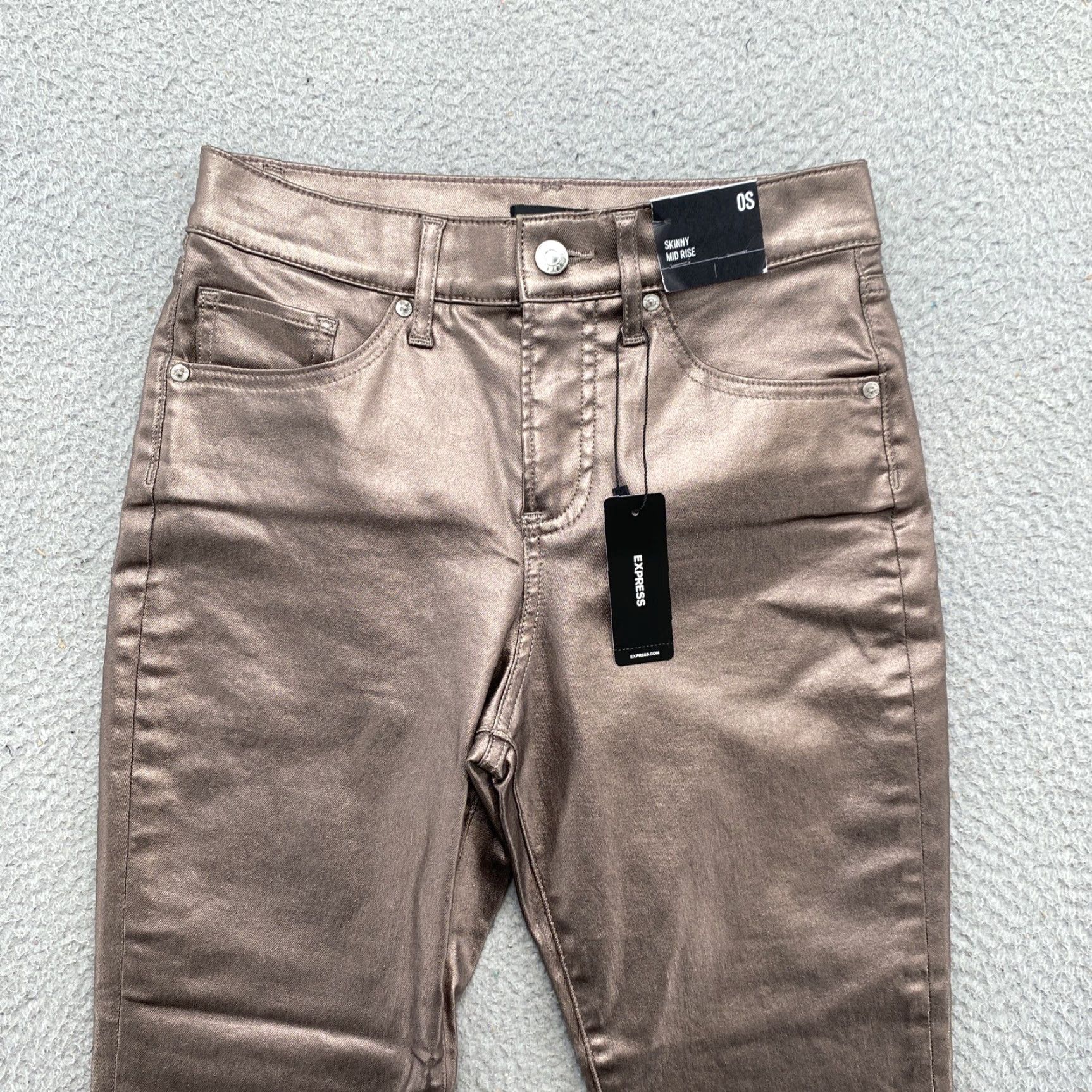 Express **Express Women’s Silver Stretch Skinny Mid-Rise New Size 0S Pants** User: **Express Women’s Silver Stretch Skinny Mid-Rise Pants Size 0S NEW** Size 25" / US 0 / IT 36 - 2 Thumbnail