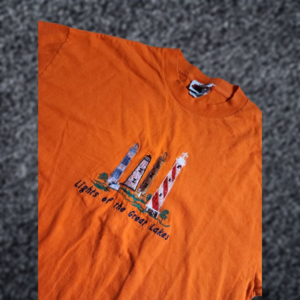 Vintage VINTAGE Spark T-Shirt Embroidered Lighthouse Travel 90s USA Mens XL Orange Crew Neck Short Sleeve Size US XL / EU 56 / 4 - 1 Thumbnail