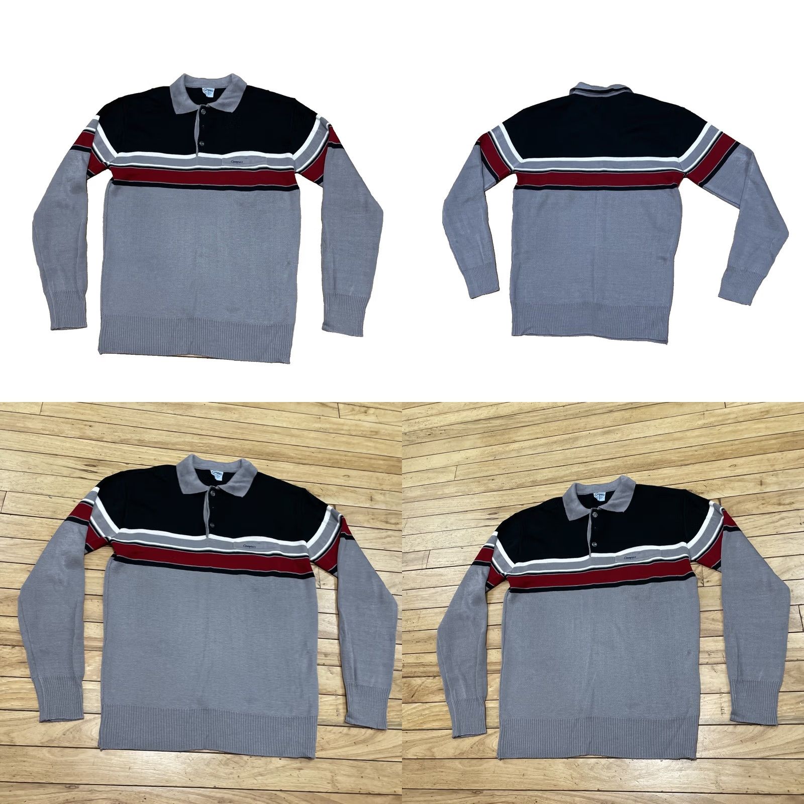 Vintage CAMPUS Polo Shirt Men L Gray Black Red Stripe Knit Vintage 1970s Classic Polo Shirt Mens Size US L / EU 52-54 / 3 - 9 Thumbnail