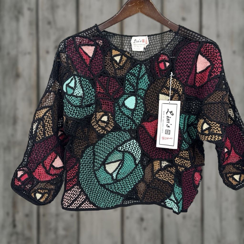 Vintage Vintage LIM'S Sweater Women Small Crochet Floral Mosaic Handknit Festival Cottage Size S / US 4 / IT 40 - 1 Thumbnail