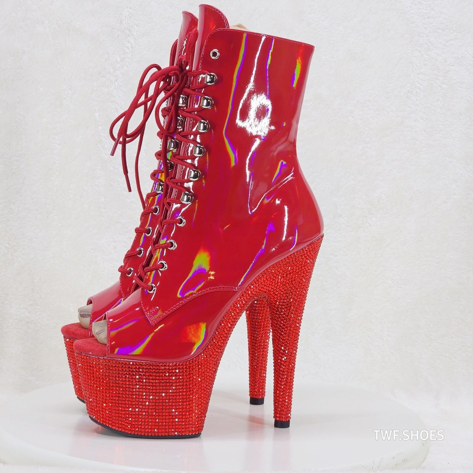 Bejeweled Red Rhinestone Platform Lace Up Ankle Boots 7\