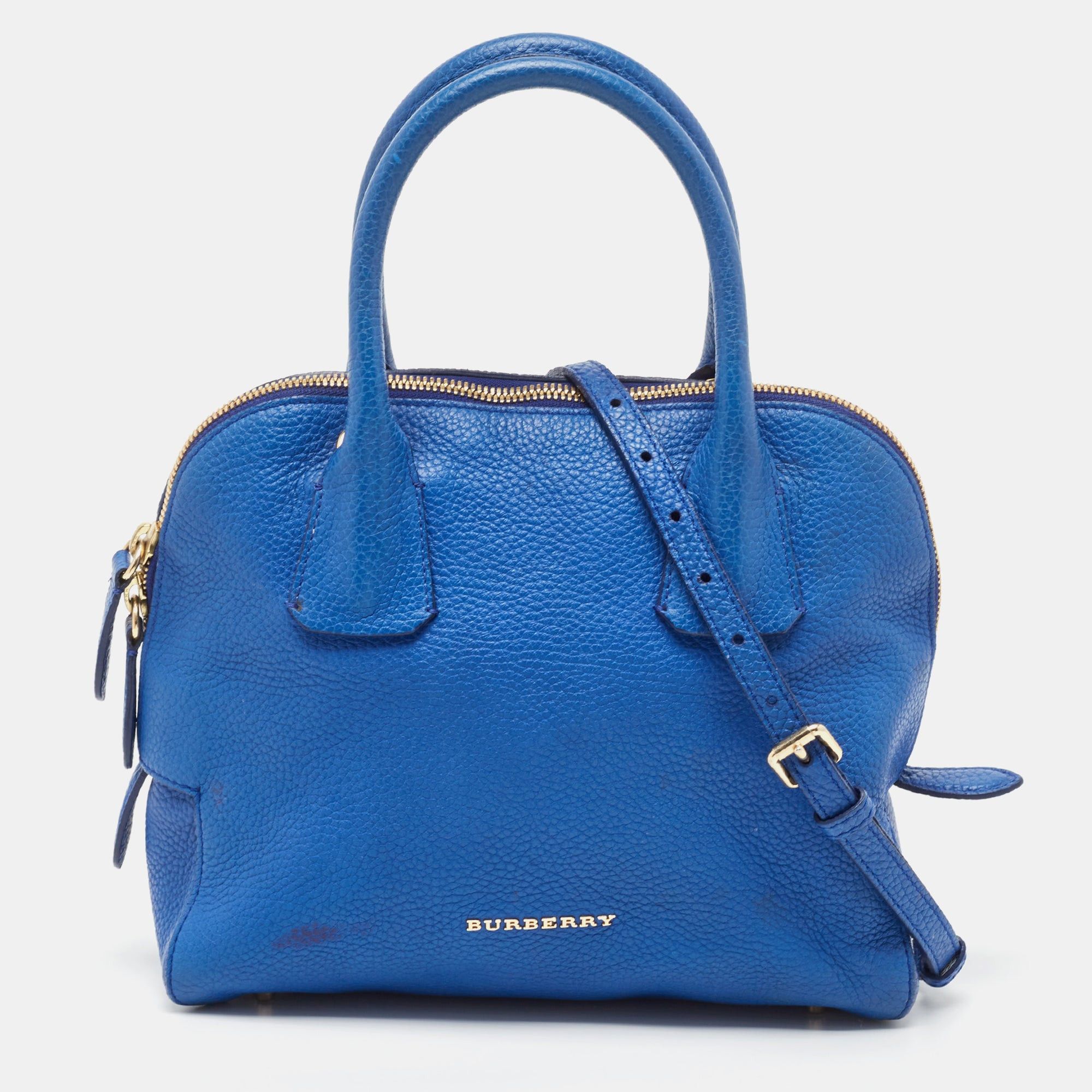 image of Burberry Blue Pebbled Leather Yorke Satchel, Women's
