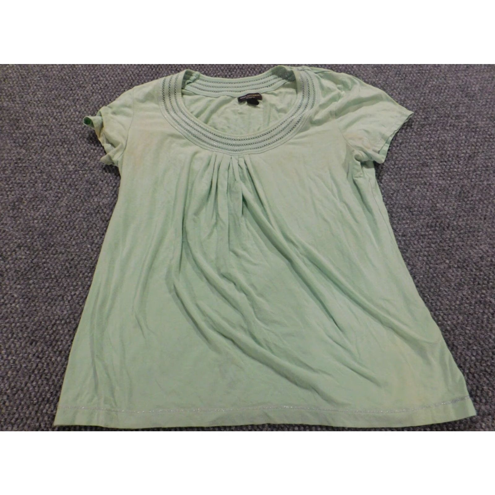 Vintage Dana Buchman Blouse Womens Medium Green Pullover Short Sleeve Round Neck Cotton Rayon Geometric Pattern Ruffle Stretch Casual Regular Vintage No Size M / US 6-8 / IT 42-44 - 2 Thumbnail