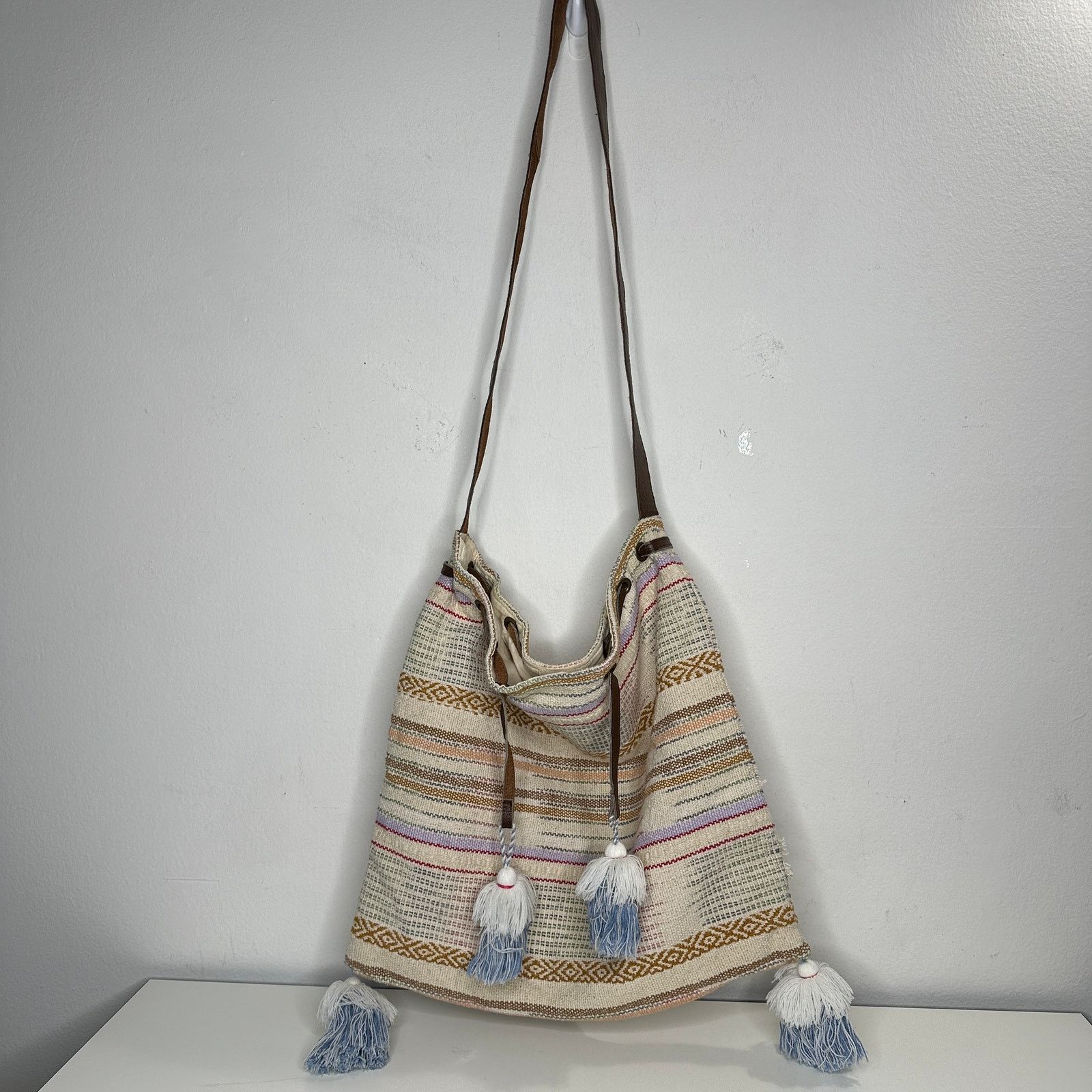 Other Lovestitch Tan Multicolor Striped Canvas Boho Bag Drawstring Size ONE SIZE - 1 Thumbnail