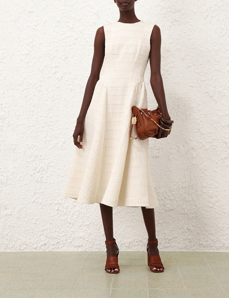 Zimmermann oc11z0226 Illuminate Textured Midi Dress In Cream Size L / US 10 / IT 46 - 2 Thumbnail