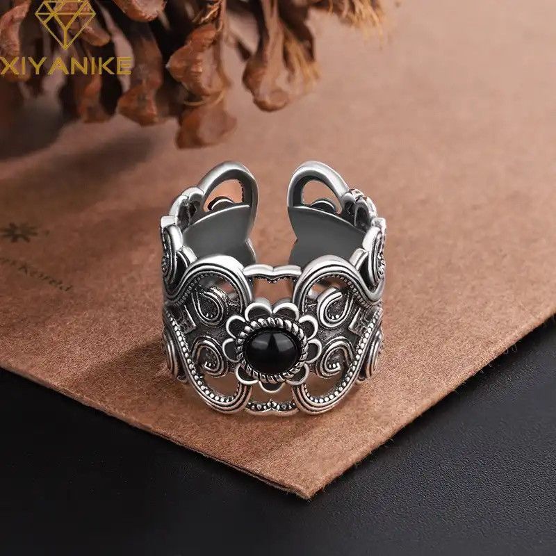 Jewelry × Vintage Vintage Black Zircon Hollow Flower Wide Cuff Finger Rings Size ONE SIZE - 1 Thumbnail