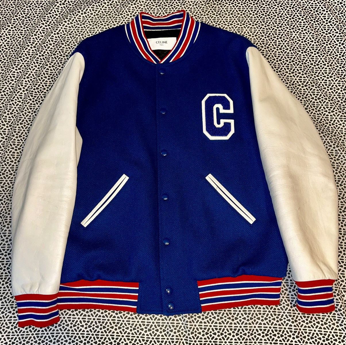 image of Celine Varsity Jacket In Textured Wool (M) in Blue/Red/White, Men's (Size Medium)