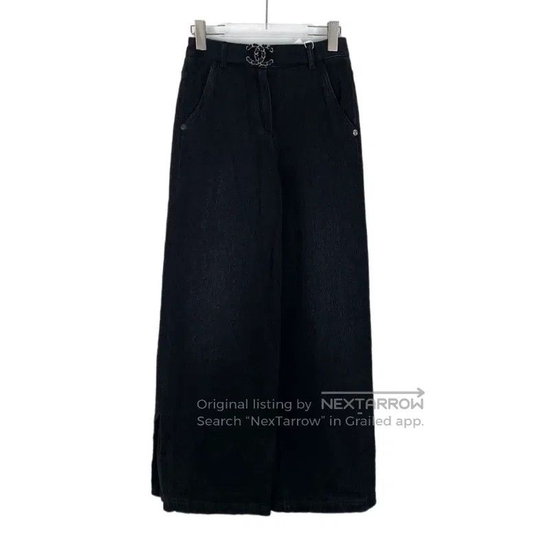 Chanel Chanel Black logo cotton casual wide-leg denim trousers Size 42" / US 20 - 1 Thumbnail