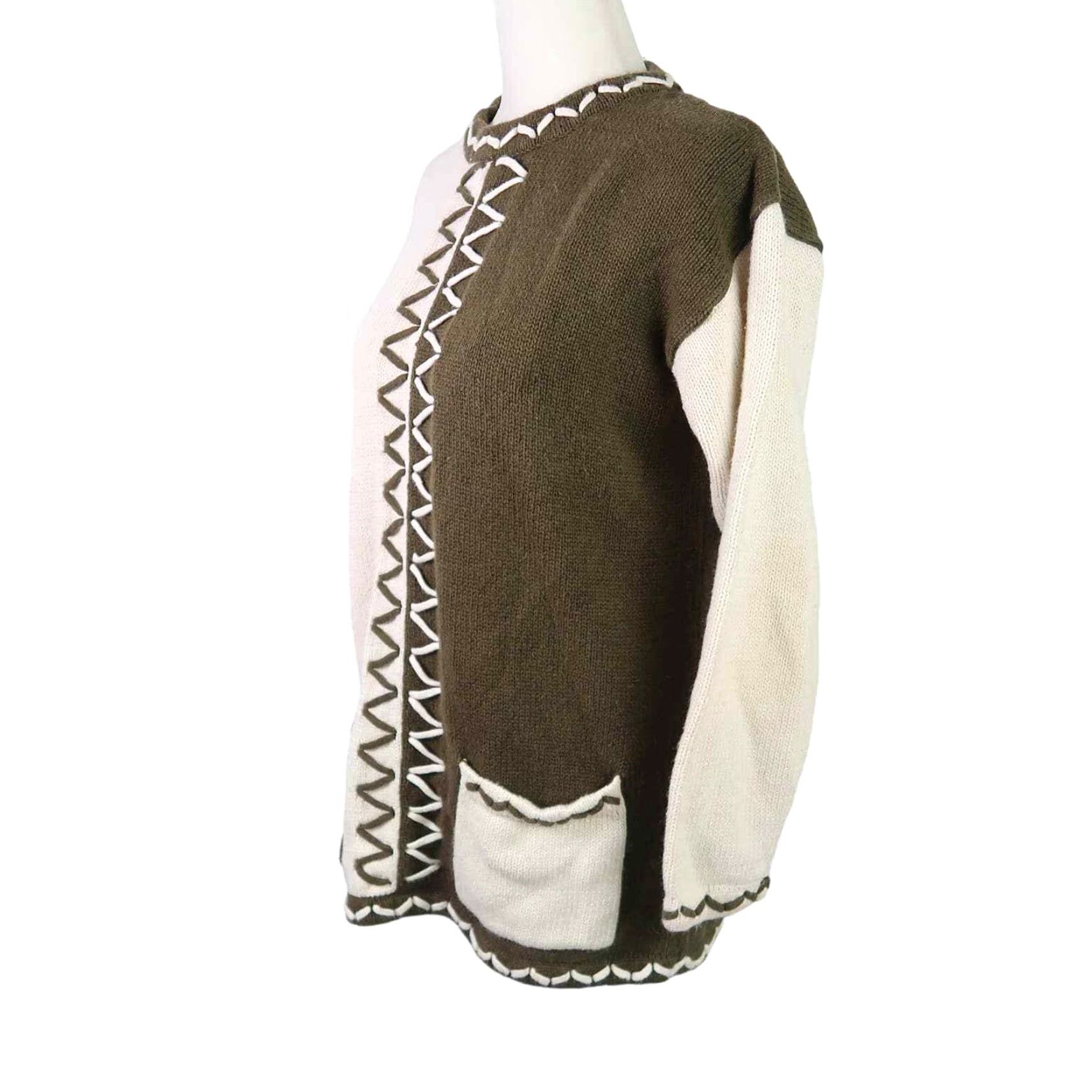 Olive VINTAGE Hunt Club Olive Green Cream Two Tone Knit Sweater S Women Crew Neck Pullover Long Sleeve Cotton Blend 90s Casual 90s Womens Size S / US 4 / IT 40 - 3 Thumbnail