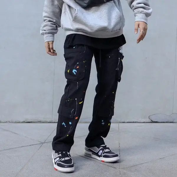 image of Paint Splatter Detail Cargo Pocket Draw String Pants in Black, Men's (Size 30)