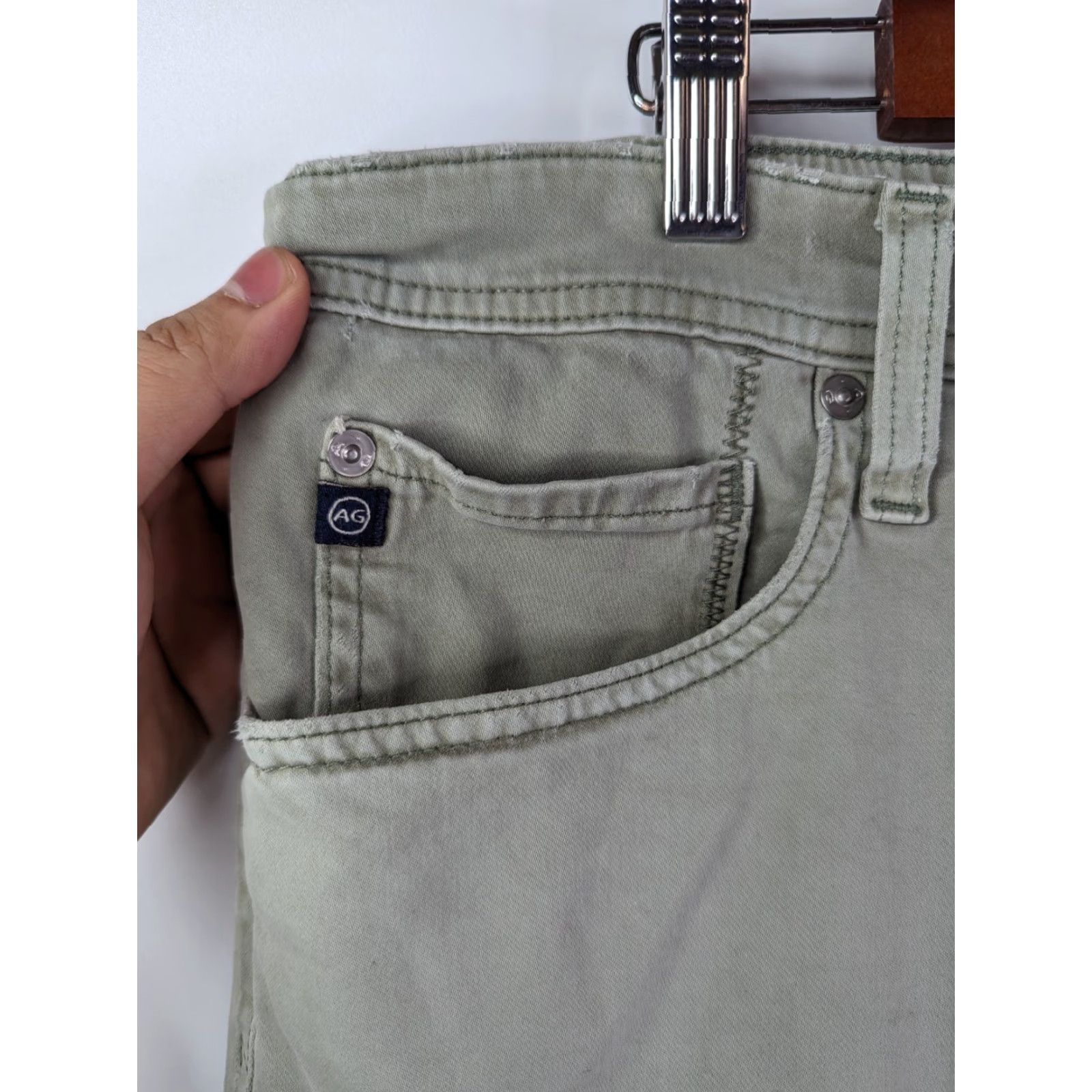 Vintage AG Adriano Goldschmied The Protege Straight Jeans Mens 40 Green 5-Pocket Regular Fit Denim Distressed Comfort Zipper Belt Loops Inseam 34 Size US 40 / EU 56 - 3 Thumbnail