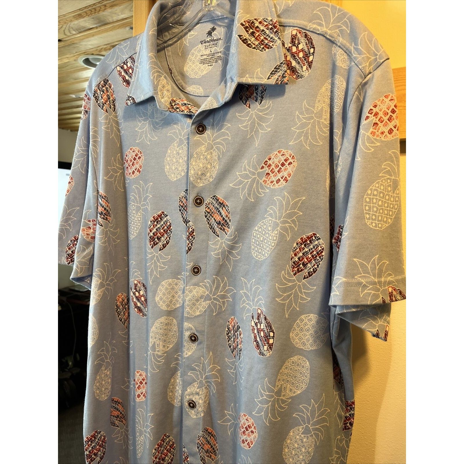 Caribbean Caribbean Men's L Blue Pineapple Button Cotton Blend Shirt Size US L / EU 52-54 / 3 - 12 Thumbnail