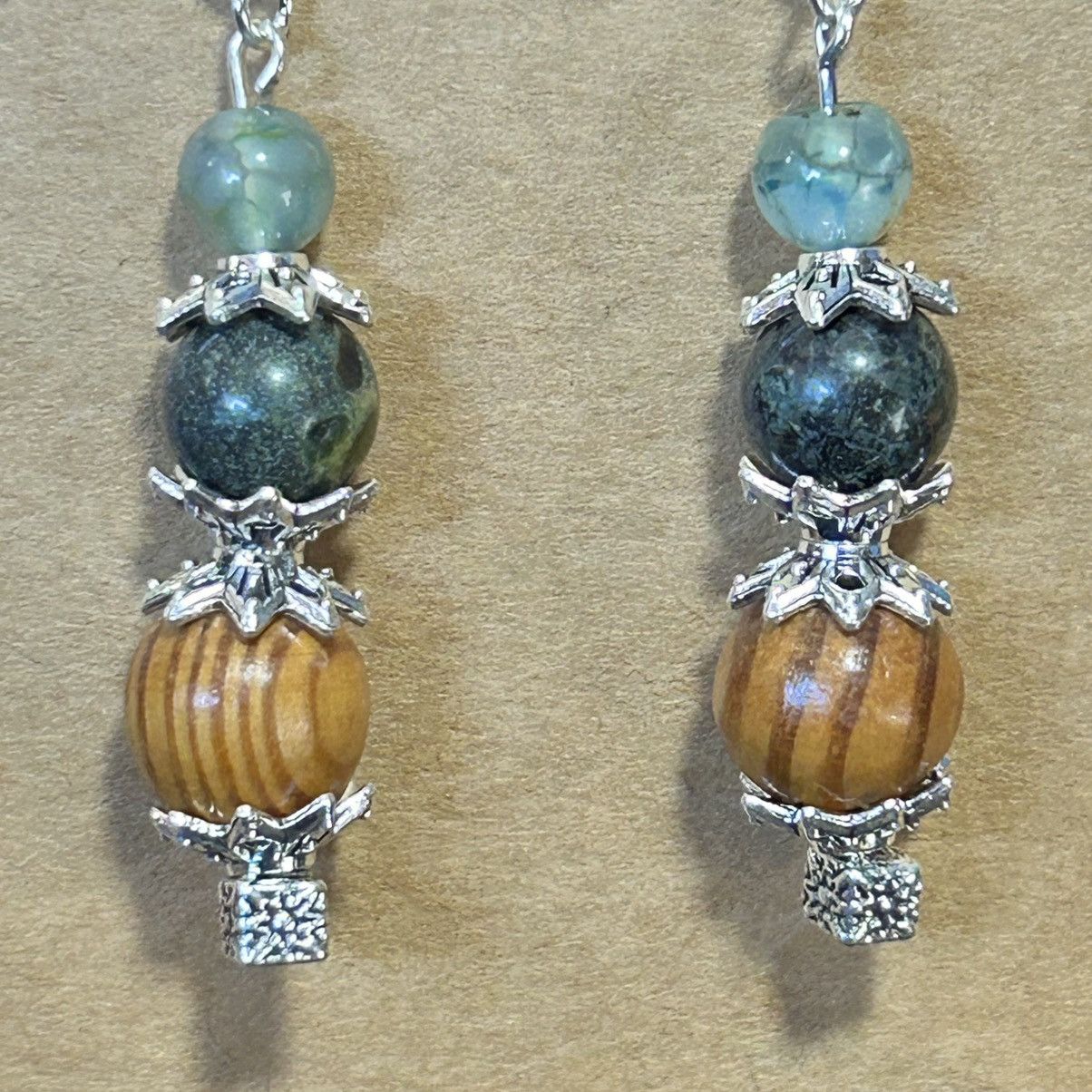 Handmade Handcrafted vintage wood bead dragon vein agate earrings Size ONE SIZE - 3 Thumbnail