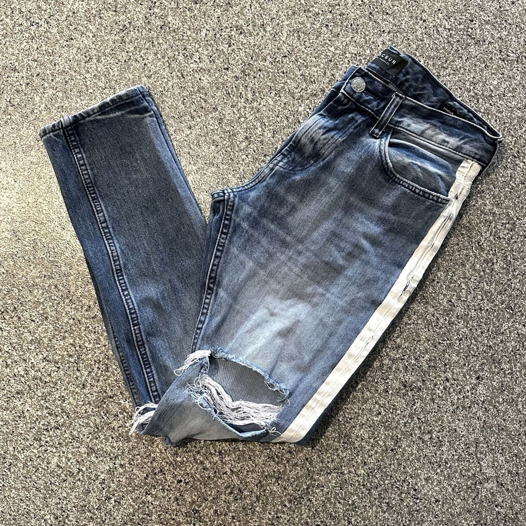Pacsun Pacsun Stacked Skinny Jeans Side Stripe Stretch Men's 31 x 32 Distressed Denim Blue 98% Cotton 2% Spandex Slim Stretch Jeans Mens XS? Size US 31 - 2 Thumbnail