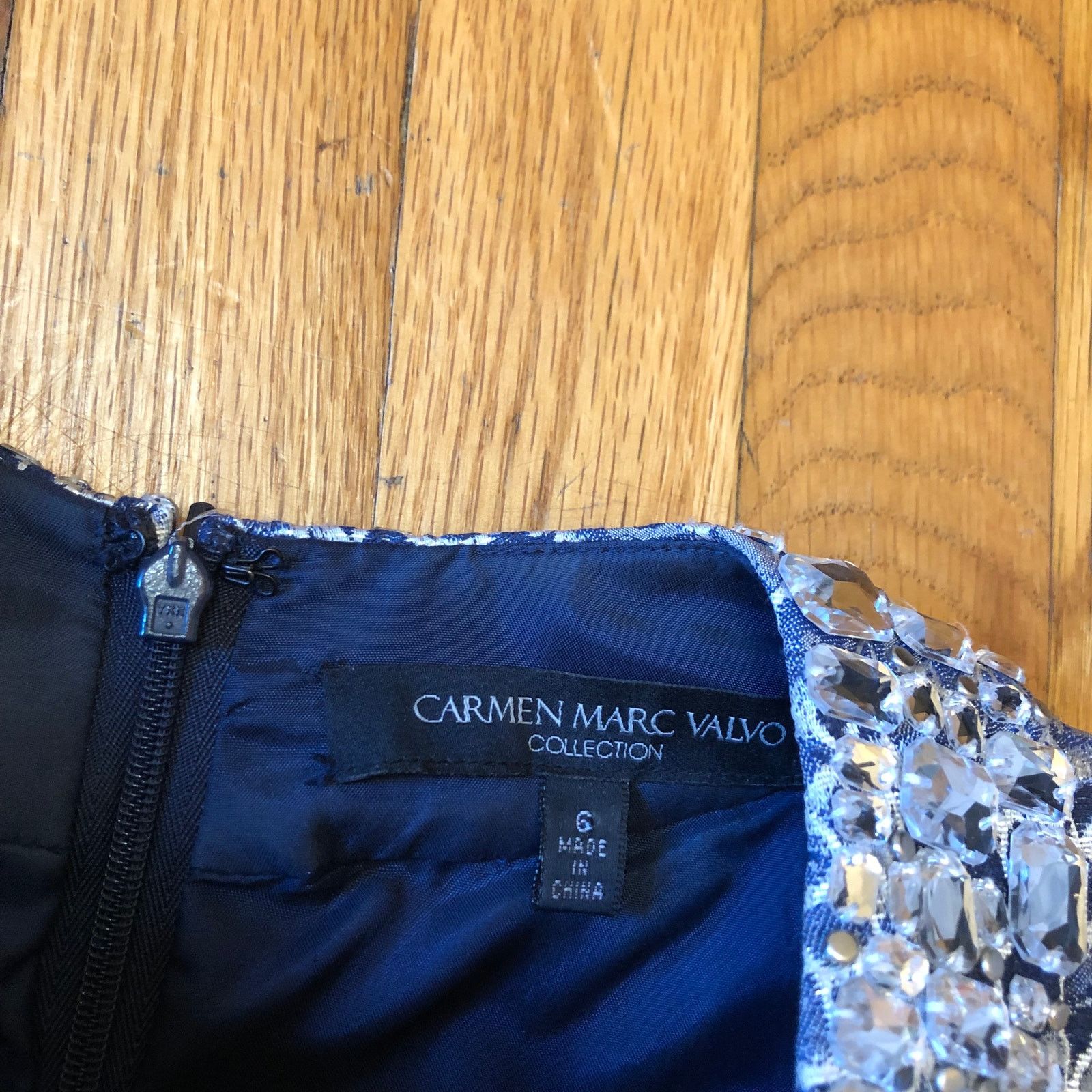 Nordstrom Carmen Marc Valvo Blue Silver Cocktl Dress Embellish Neck 6 Size M / US 6-8 / IT 42-44 - 6 Thumbnail